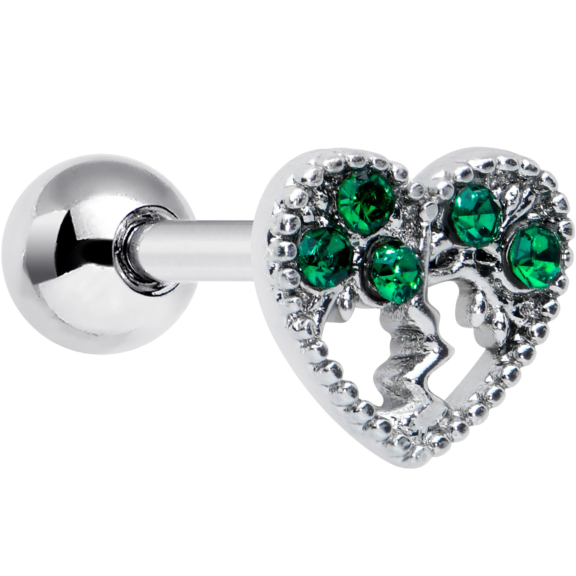 16 Gauge 1/4 Green Gem Heart Tree Valentine Cartilage Tragus