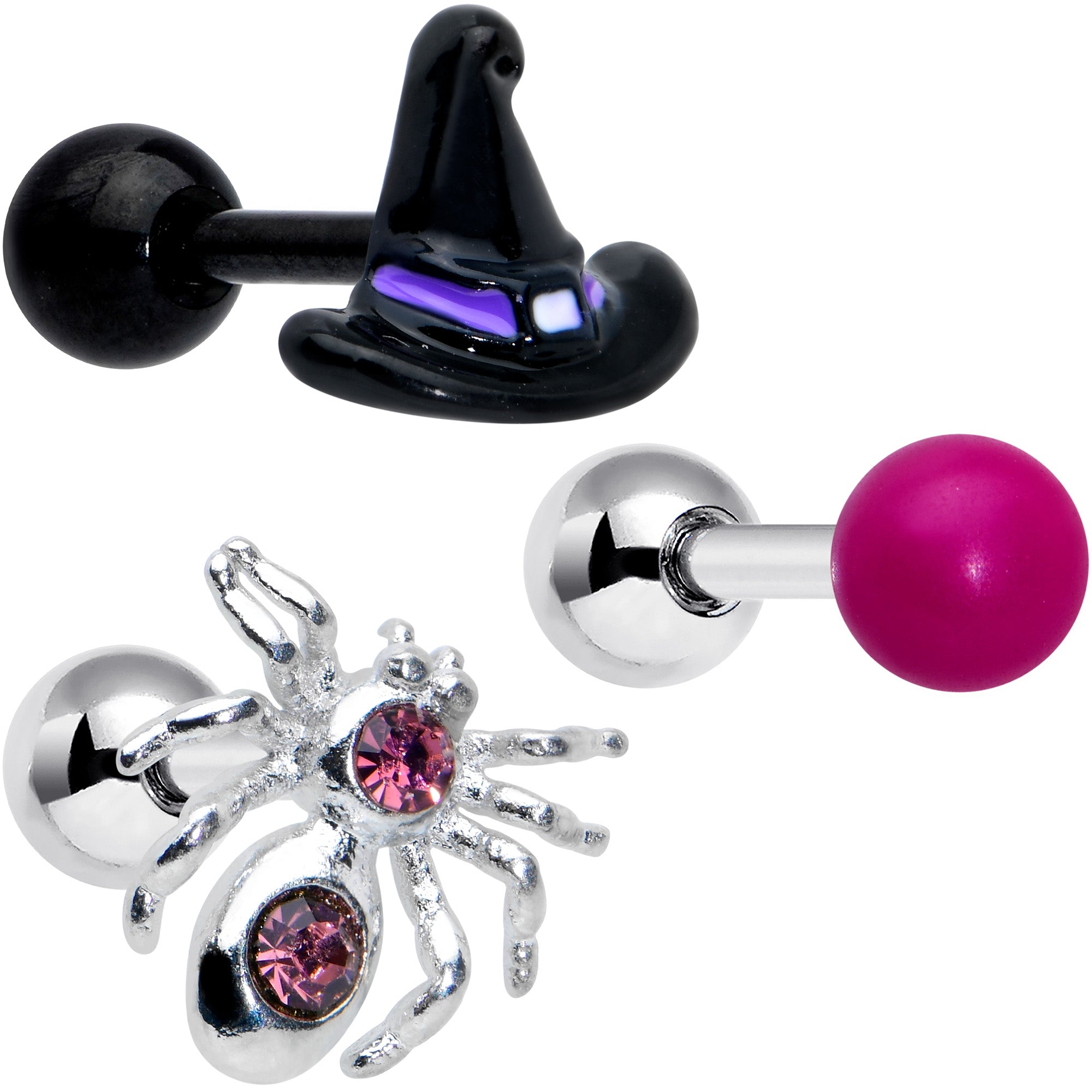 16 Gauge 1/4 Pink Gem Spider Witch Halloween Cartilage Tragus Set of 3