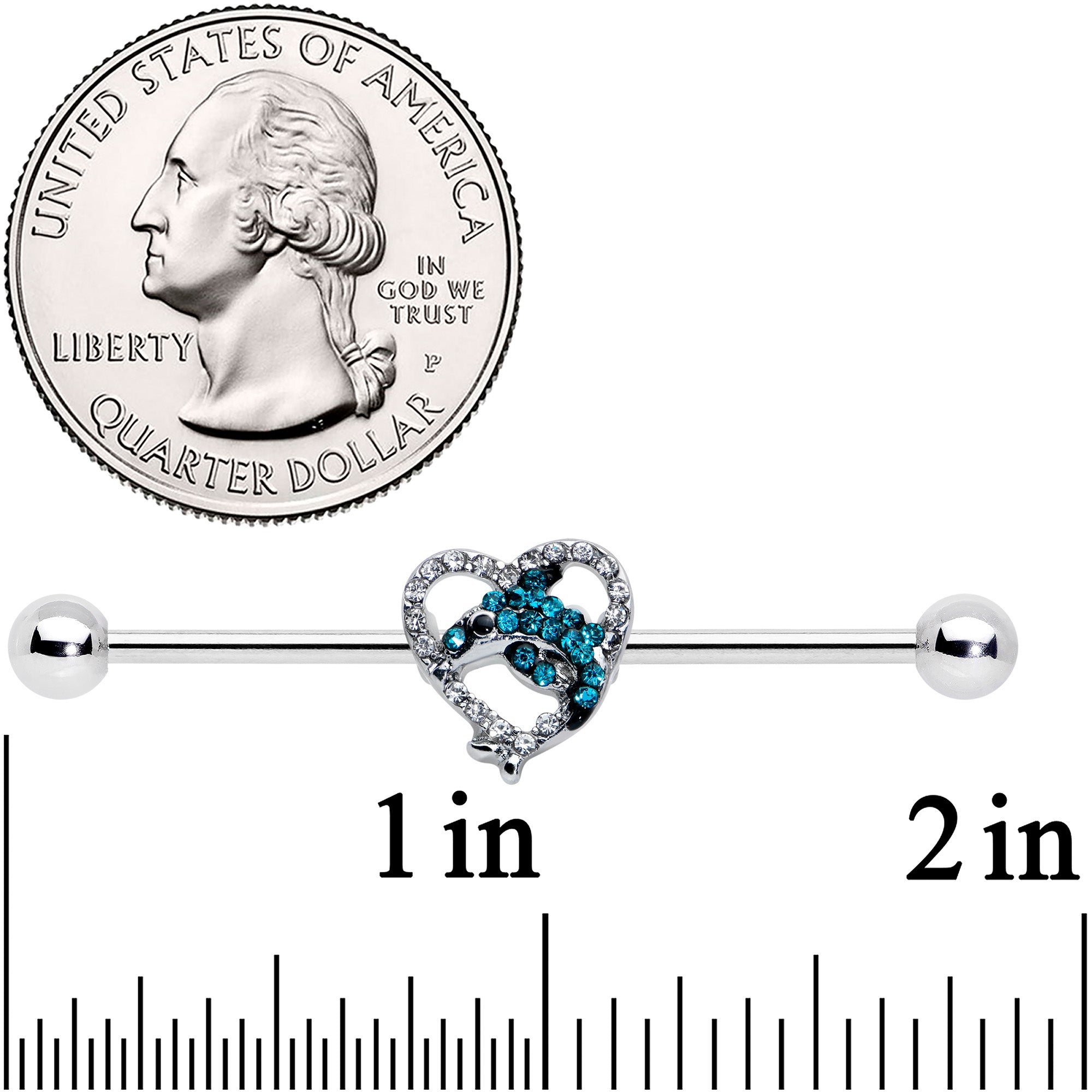 14 Gauge Clear Blue Gem Dolphin Heart Industrial Barbell 38mm