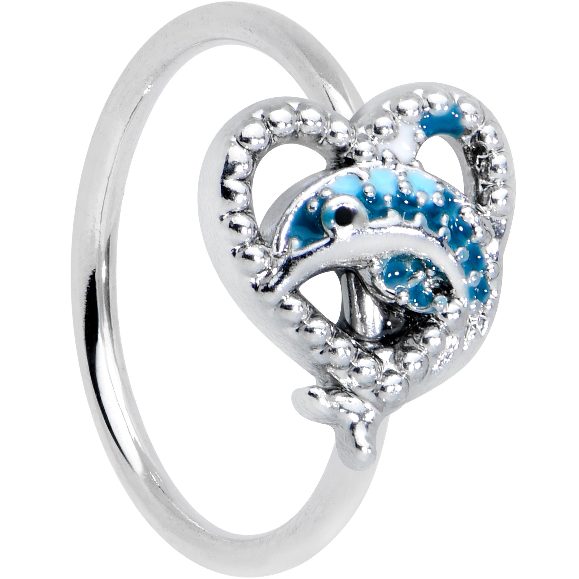 20 Gauge 5/16 Textured Blue Dolphin Heart Nose Hoop