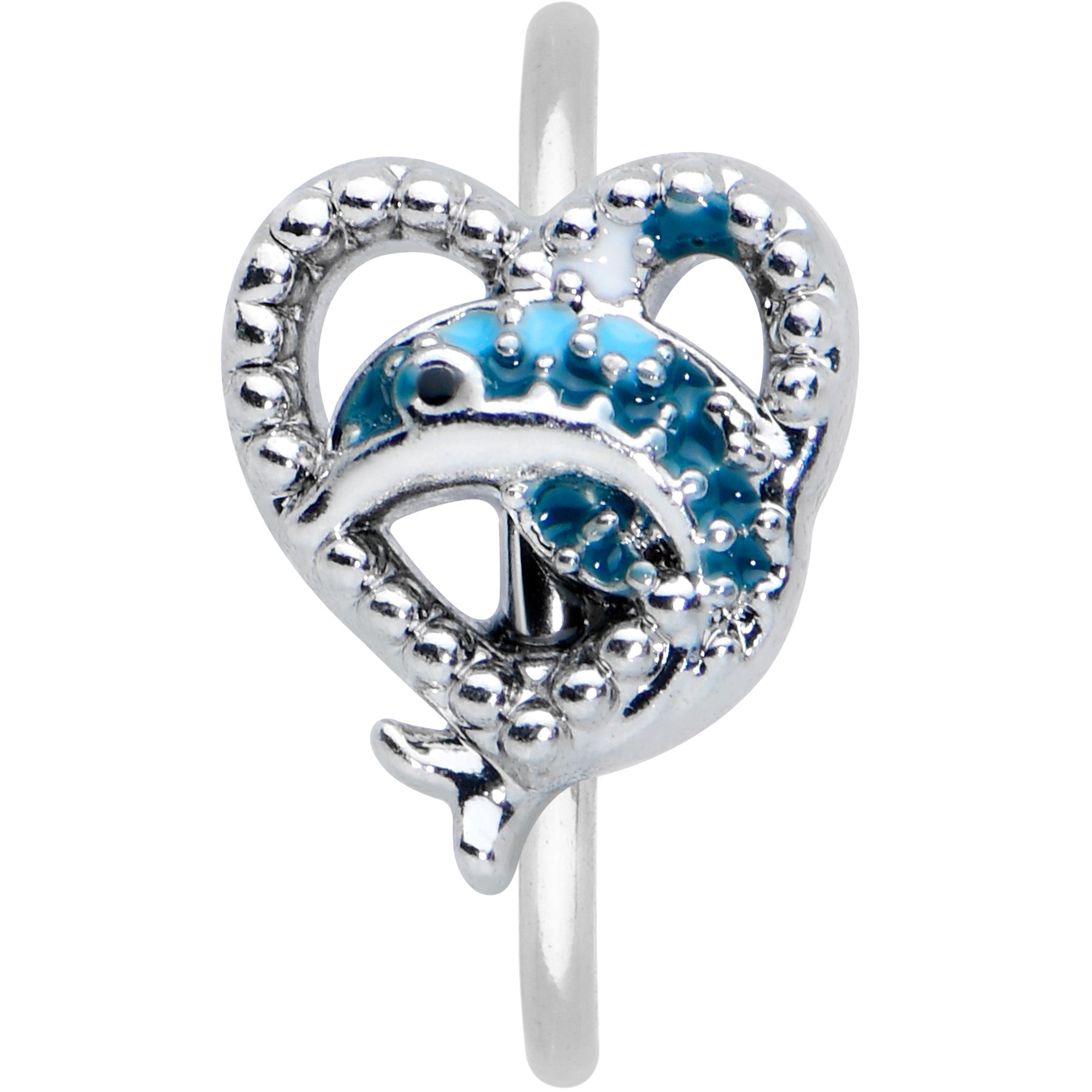 20 Gauge 5/16 Textured Blue Dolphin Heart Nose Hoop