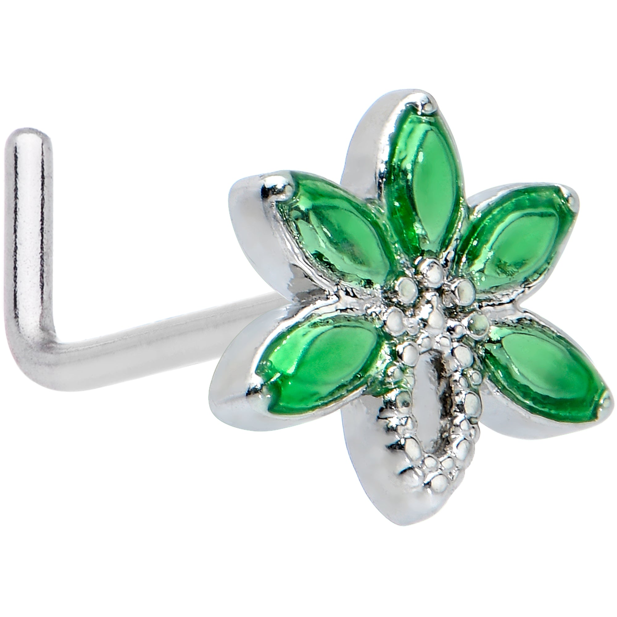 20 Gauge 1/4 Green Gem Loopy Pot Leaf L Shape Nose Ring