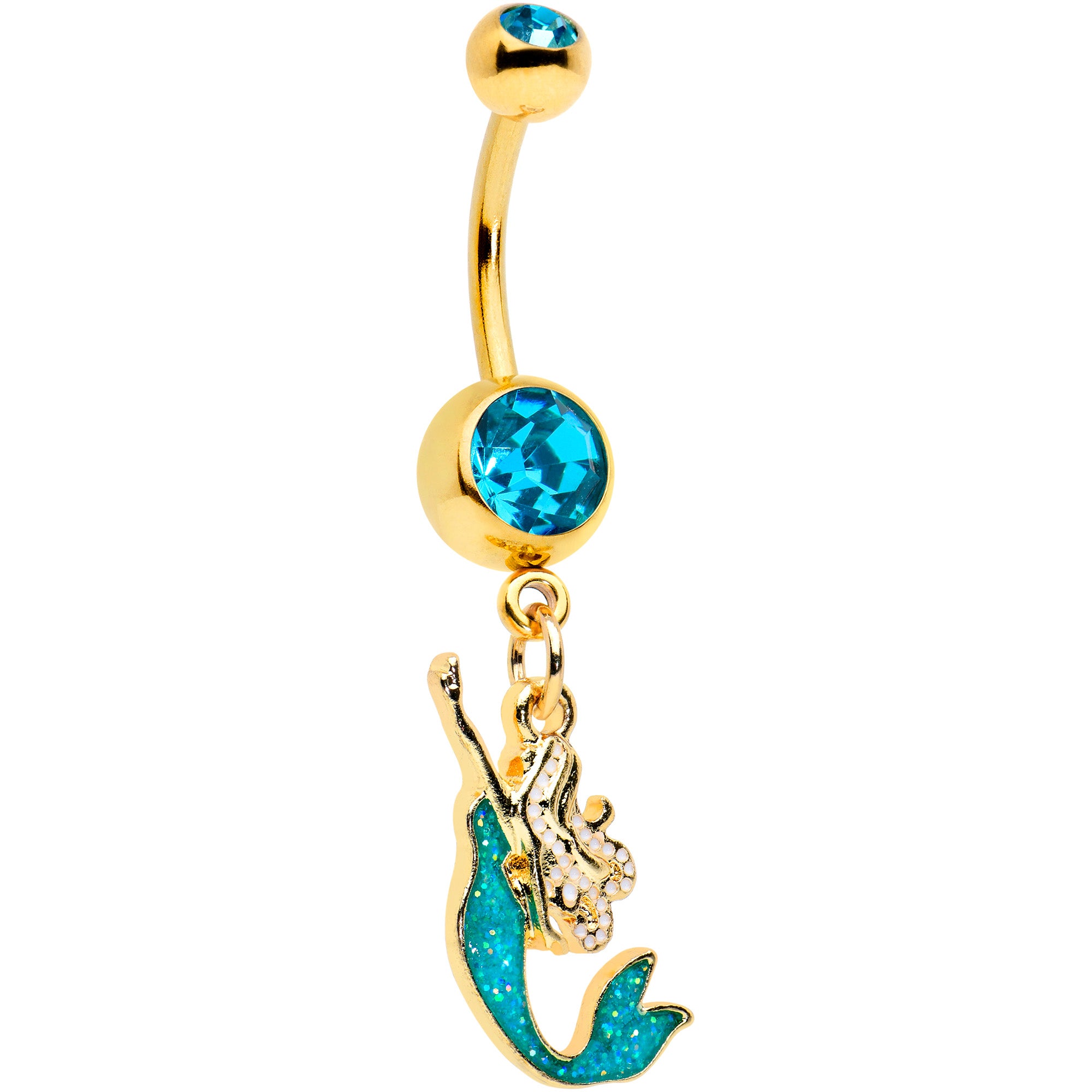 Blue Gem Gold Tone Green Faux Opal Mermaid Dangle Belly Ring