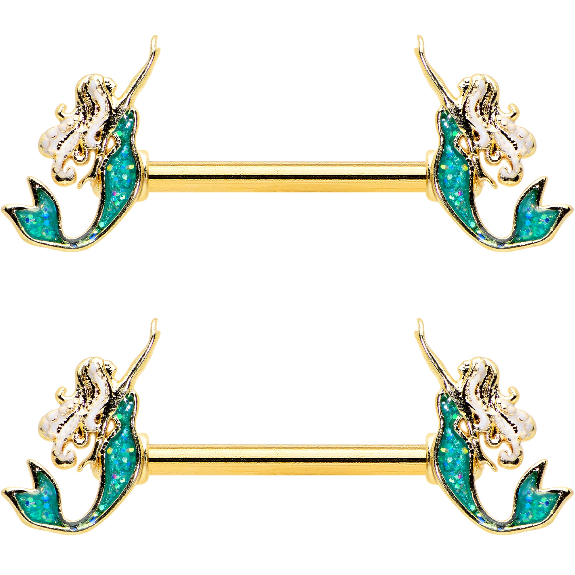 14 Gauge 9/16 Green Faux Opal Gold Tone Curvy Mermaid Nipple Ring Set