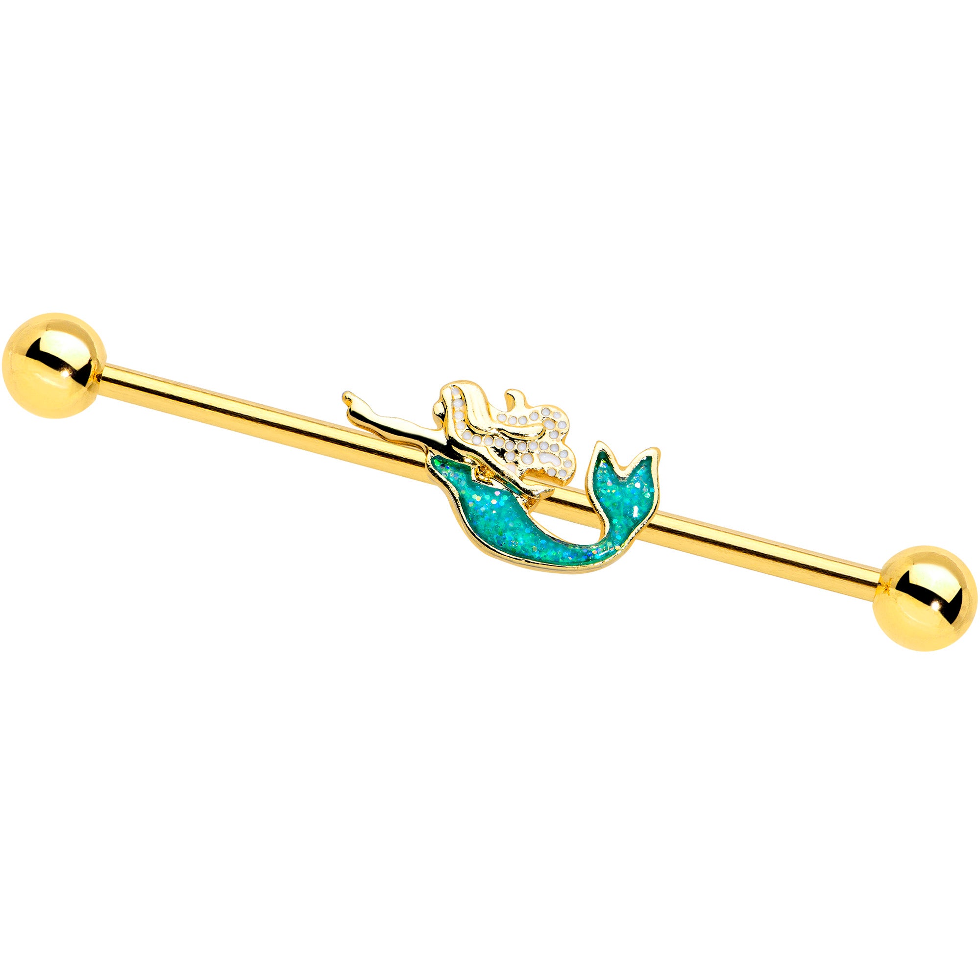 14 Gauge Green Faux Opal Gold Hue Tone Mermaid Industrial Barbell 38mm