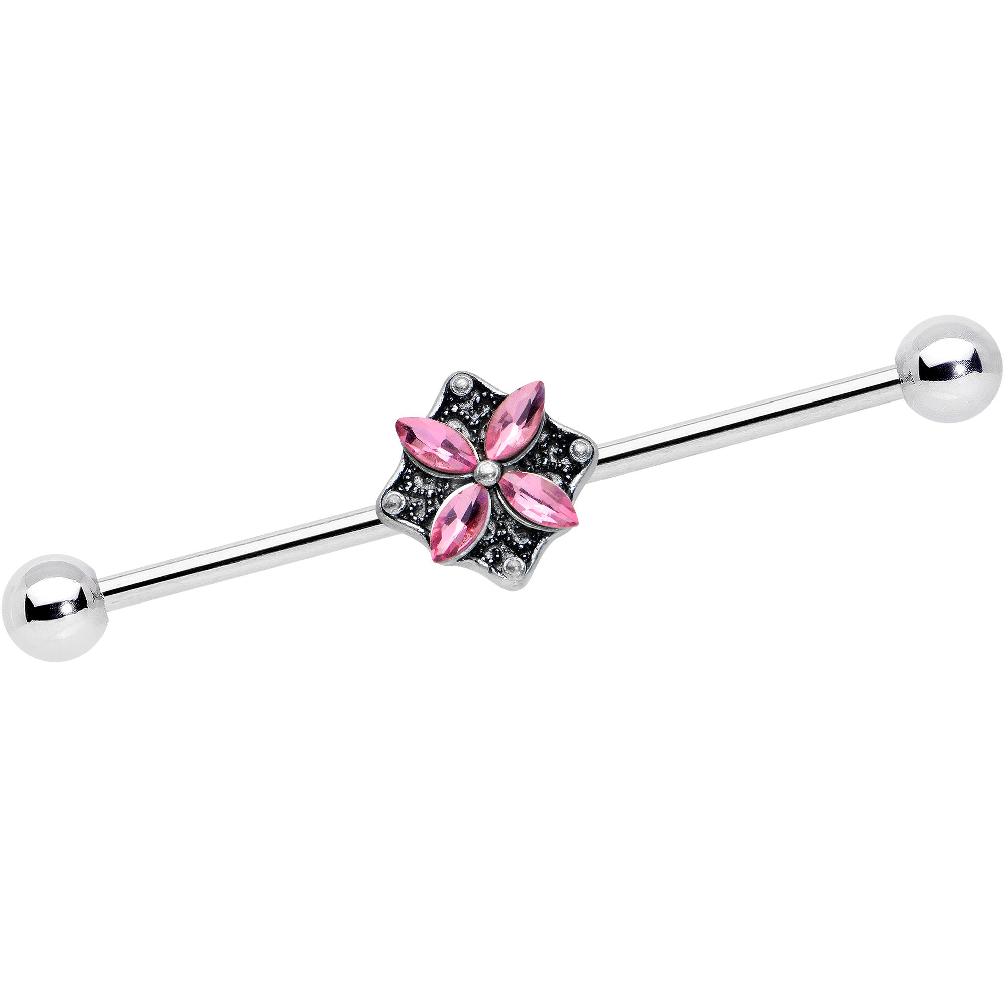 14 Gauge Pink Gem Rhombus Flower Industrial Barbell 38mm