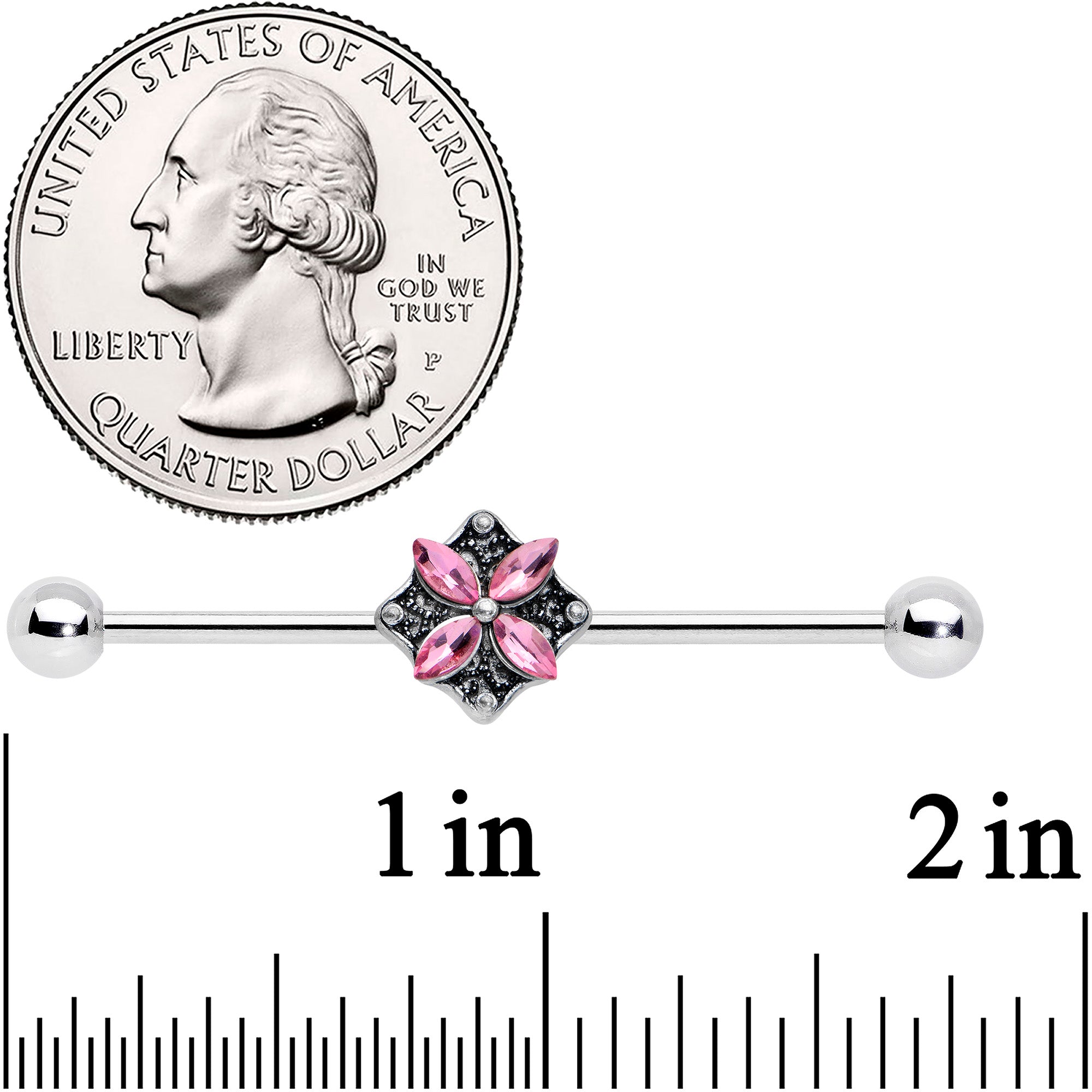 14 Gauge Pink Gem Rhombus Flower Industrial Barbell 38mm