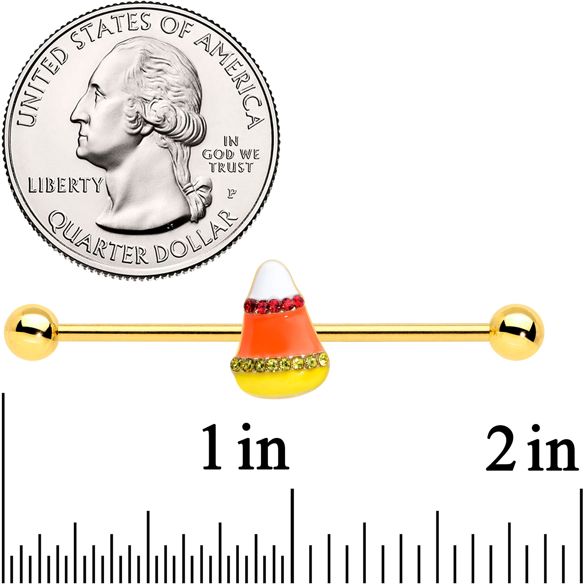 14 Gauge Gold Tone Candy Corn Halloween Industrial Barbell 38mm