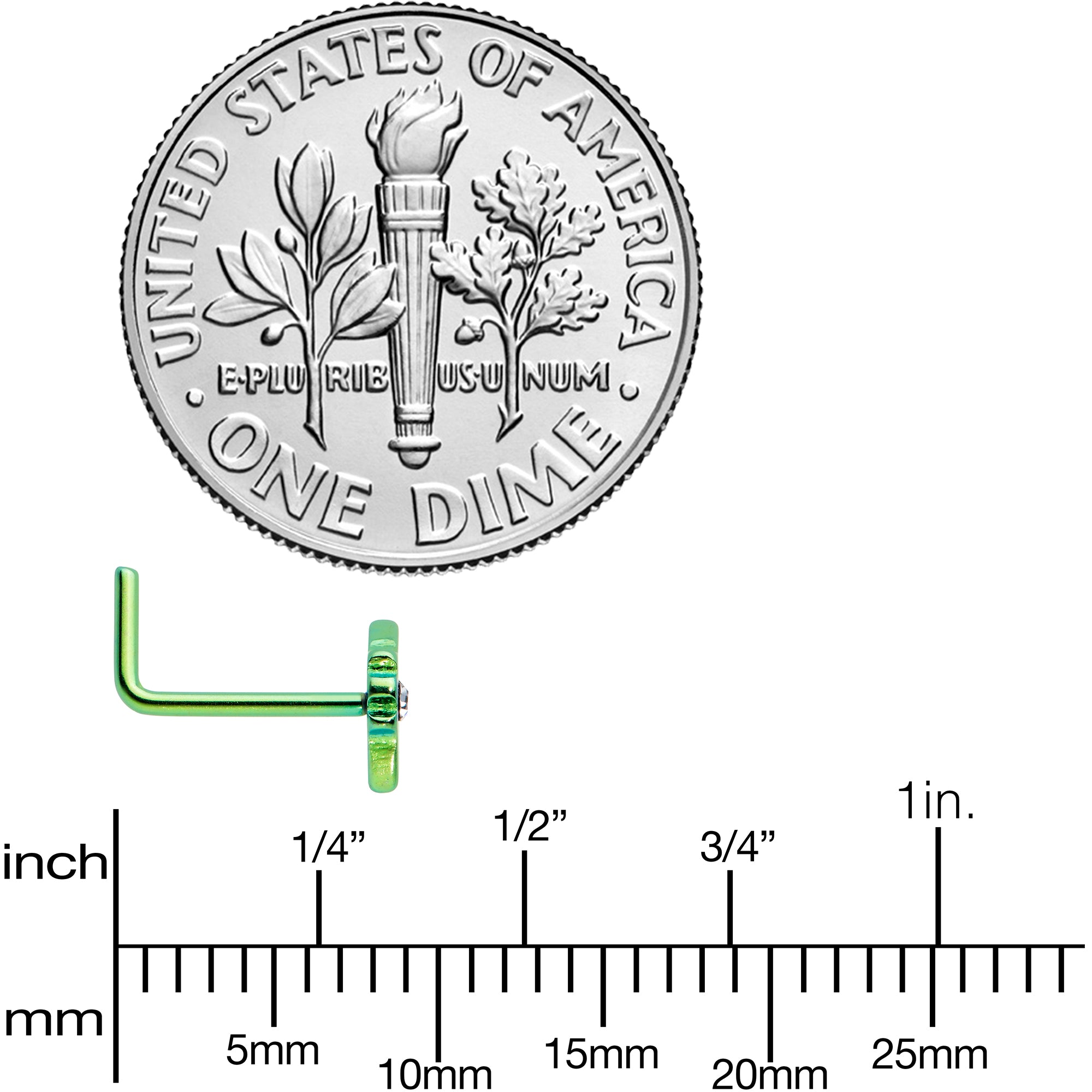 20 Gauge 1/4 Clear CZ Gem Green Simple Pot Leaf L Shape Nose Ring