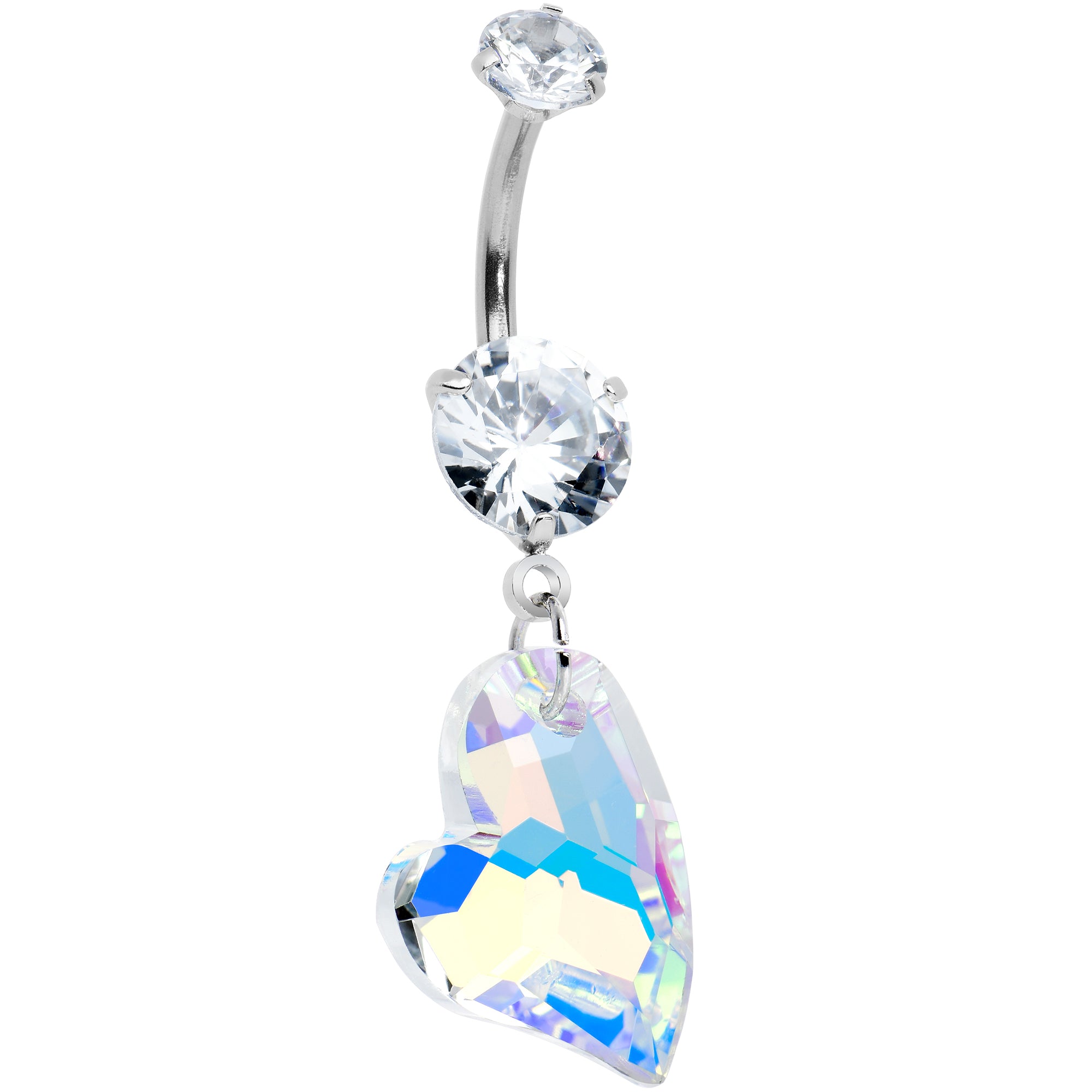 Clear Aurora CZ Gem Triple Glam Heart Valentines Day Dangle Belly Ring