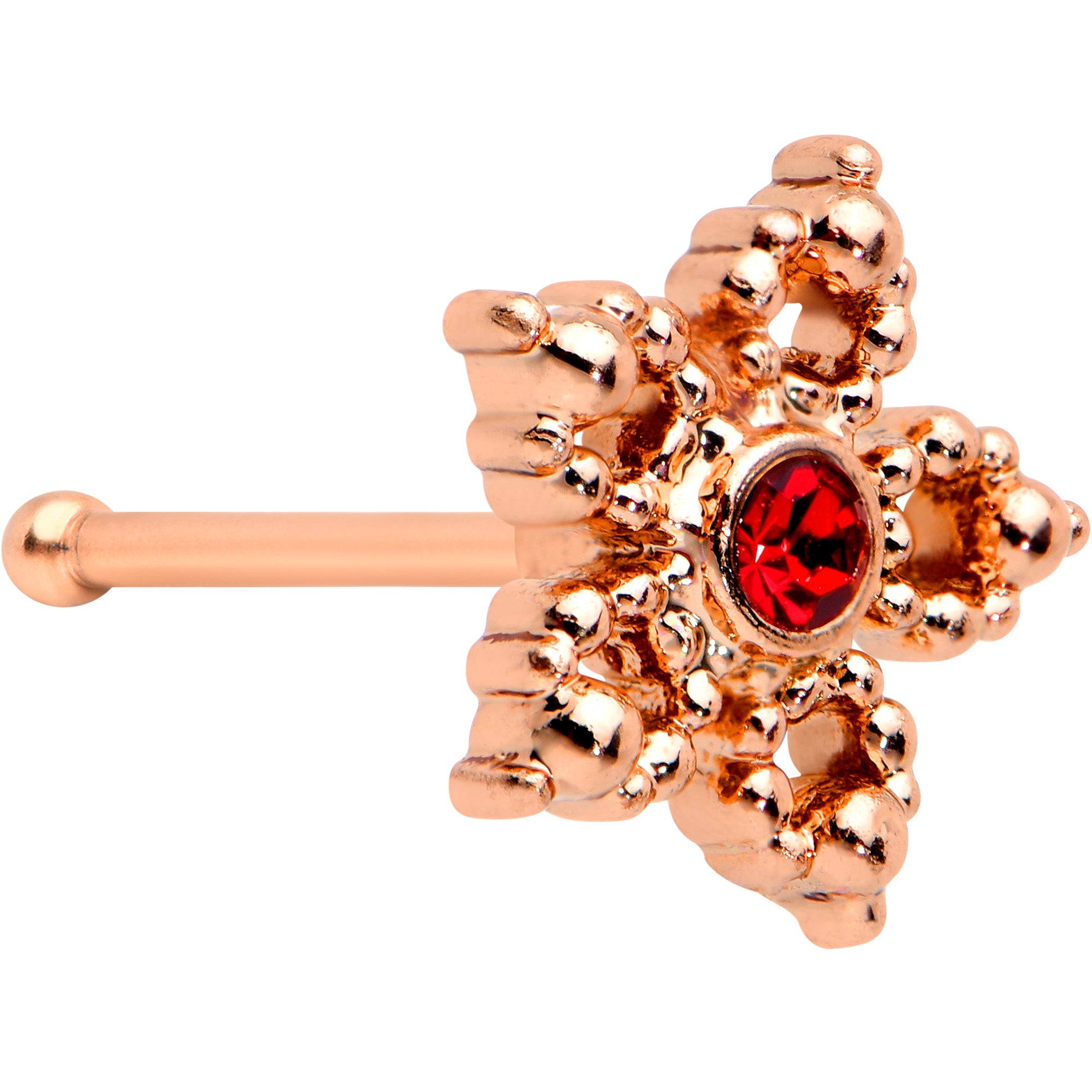 20 Gauge 1/4 Red Gem Rose Gold Tone Textured Snowflake Nose Bone