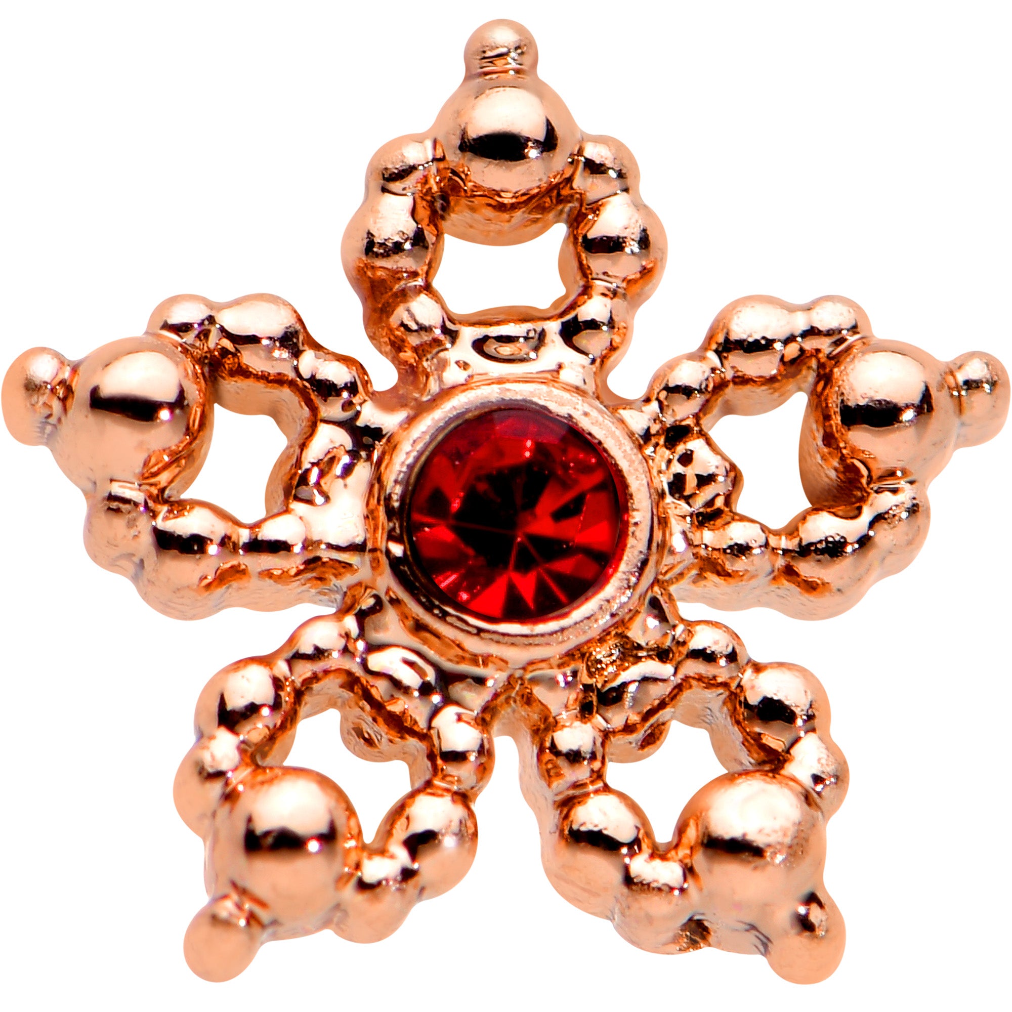 20 Gauge 1/4 Red Gem Rose Gold Tone Textured Snowflake Nose Bone