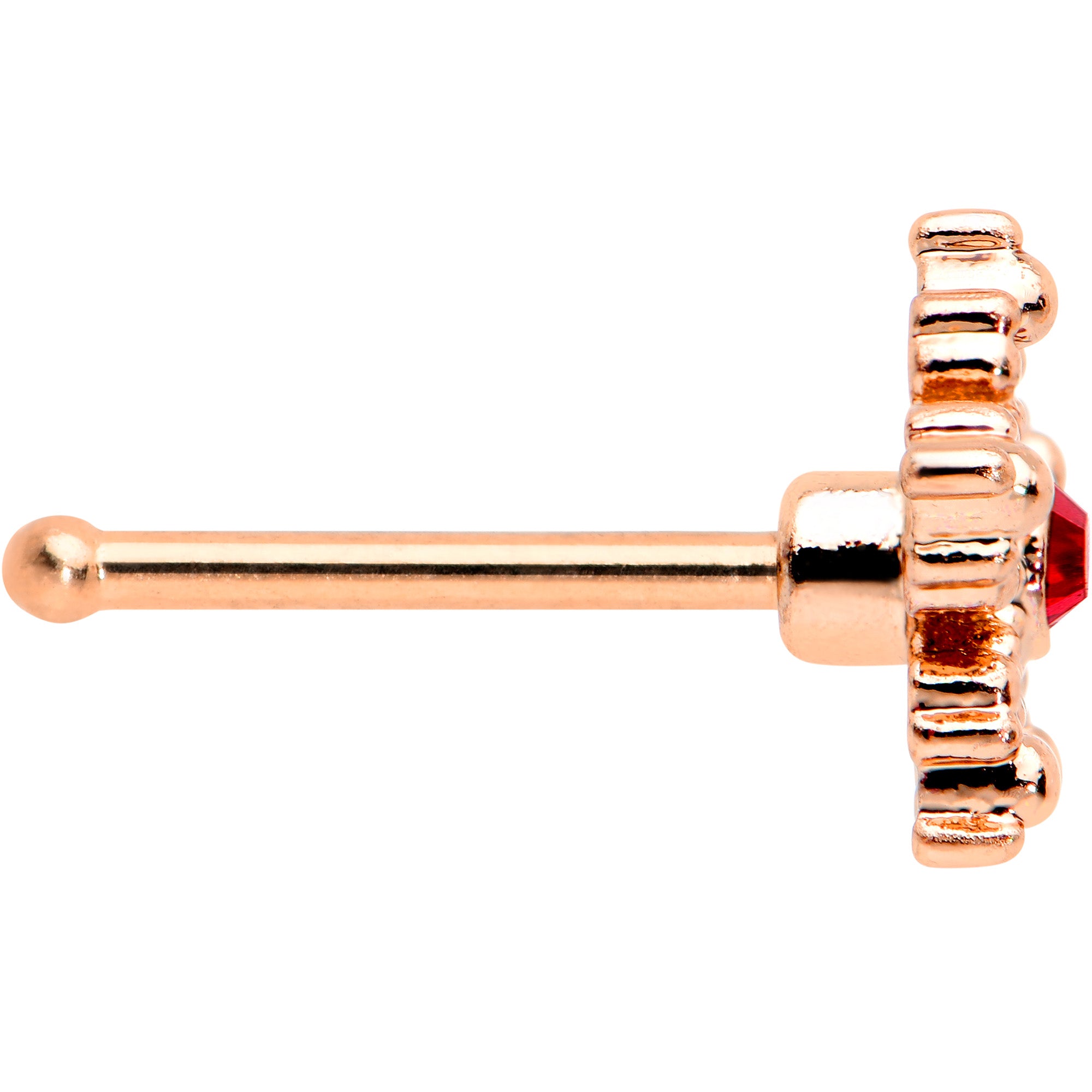 20 Gauge 1/4 Red Gem Rose Gold Tone Textured Snowflake Nose Bone