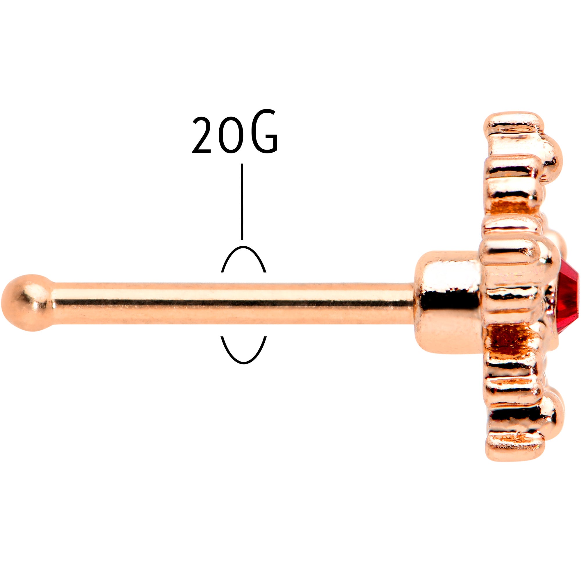 20 Gauge 1/4 Red Gem Rose Gold Tone Textured Snowflake Nose Bone