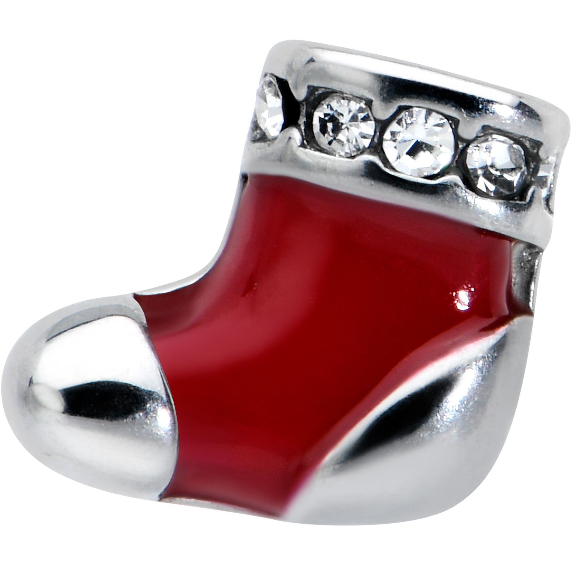 Clear CZ Gem Festive Red Stocking Christmas Barbell Tongue Ring