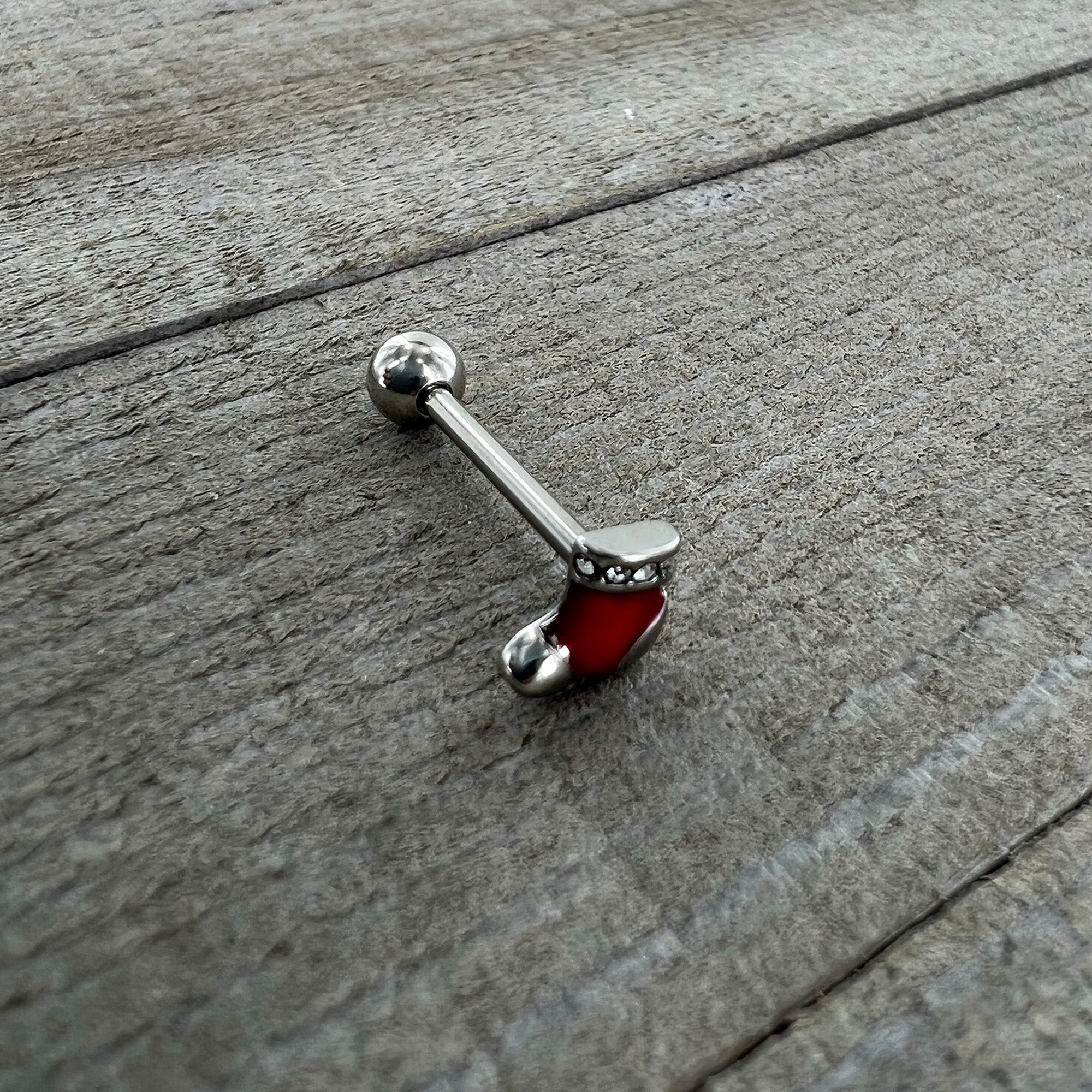 Clear CZ Gem Festive Red Stocking Christmas Barbell Tongue Ring