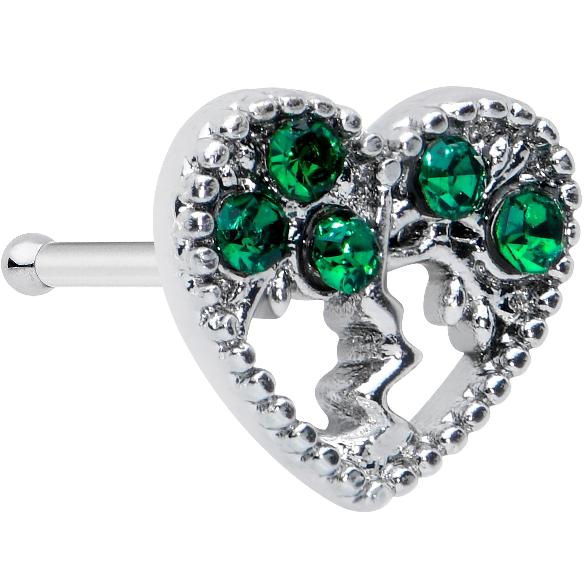 20 Gauge 1/4 Green Gem Heart Tree Valentine Nose Bone