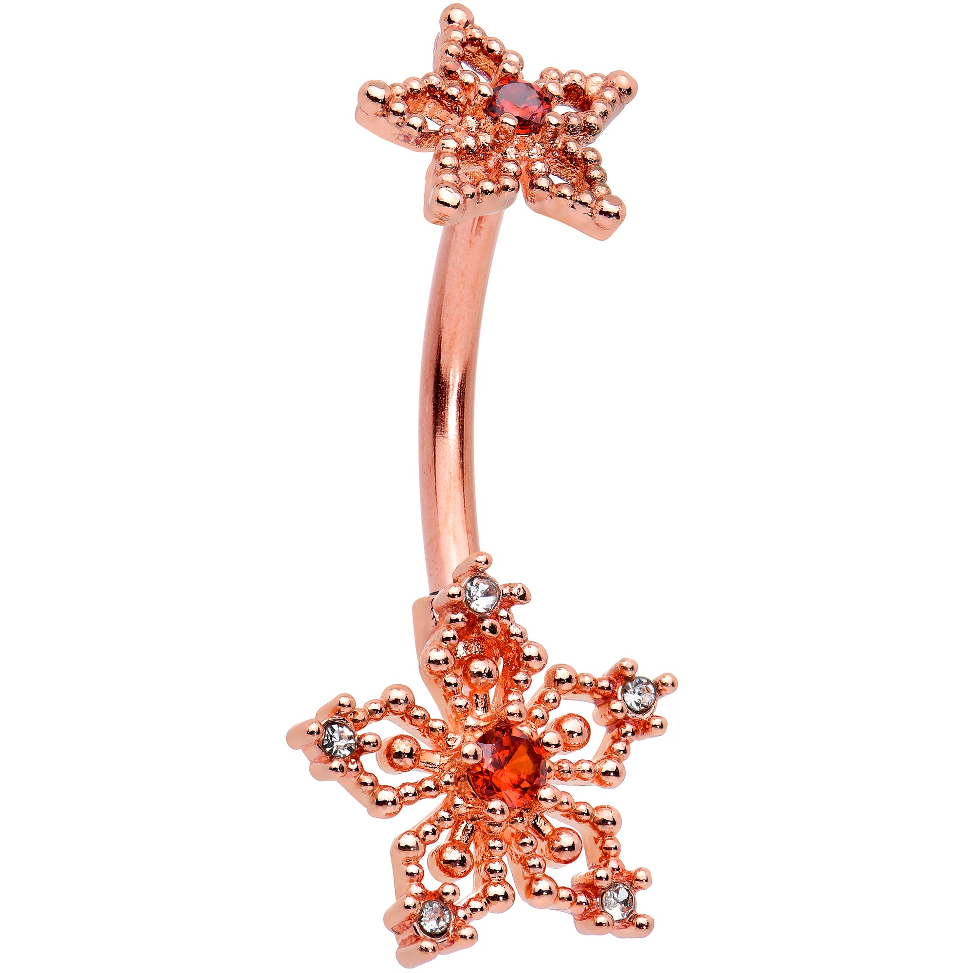 Clear Red Gem Rose Gold Tone Snowflake Star Double Mount Belly Ring