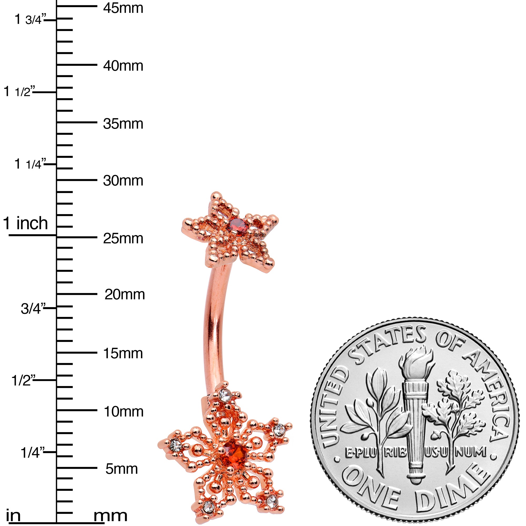 Clear Red Gem Rose Gold Tone Snowflake Star Double Mount Belly Ring