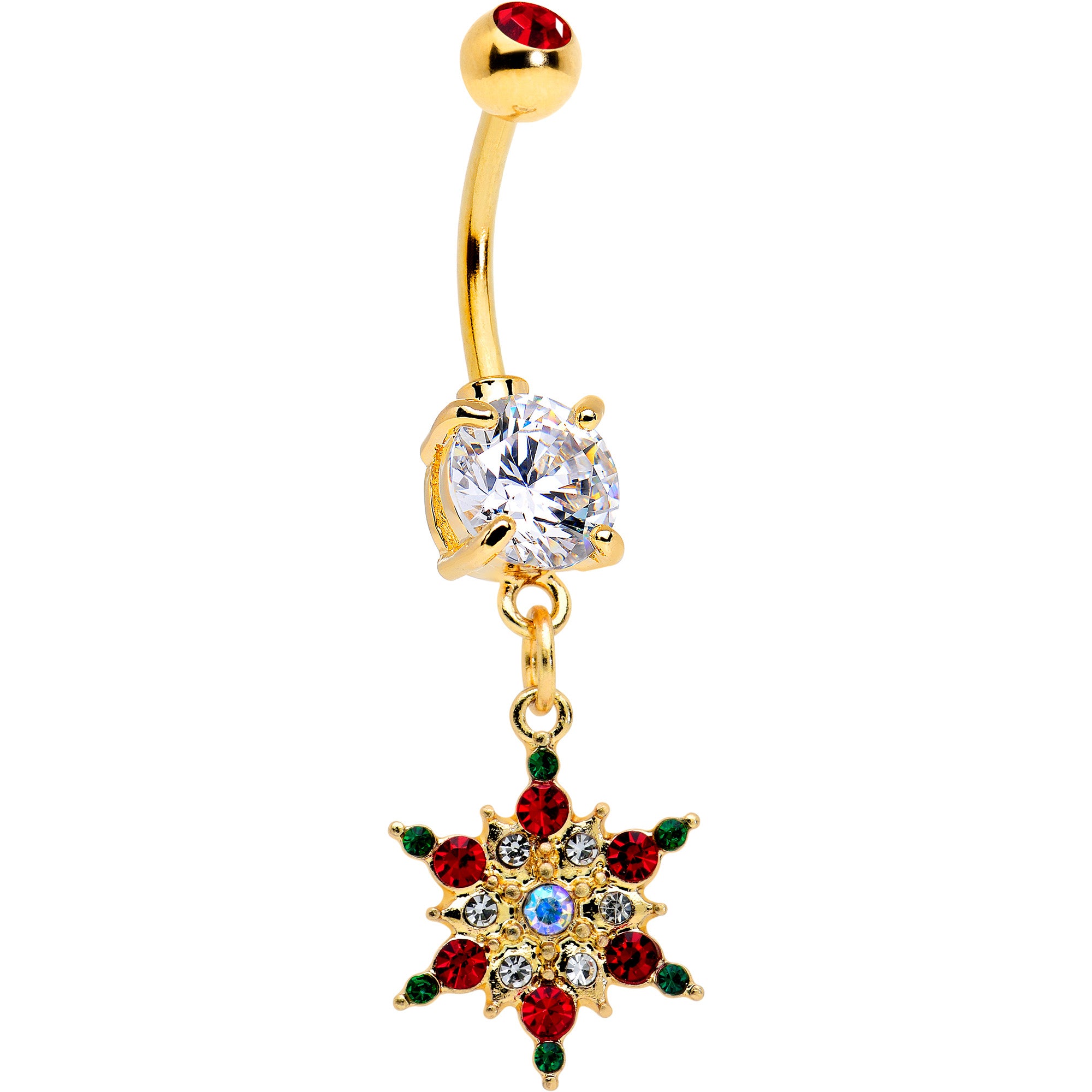 Aurora Red Green Gem Gold Tone Christmas Star Holiday Dangle Belly Ring