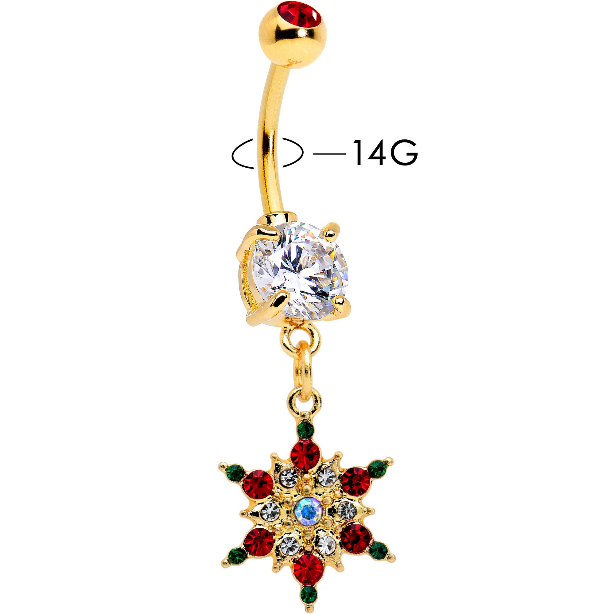 Aurora Red Green Gem Gold Tone Christmas Star Holiday Dangle Belly Ring