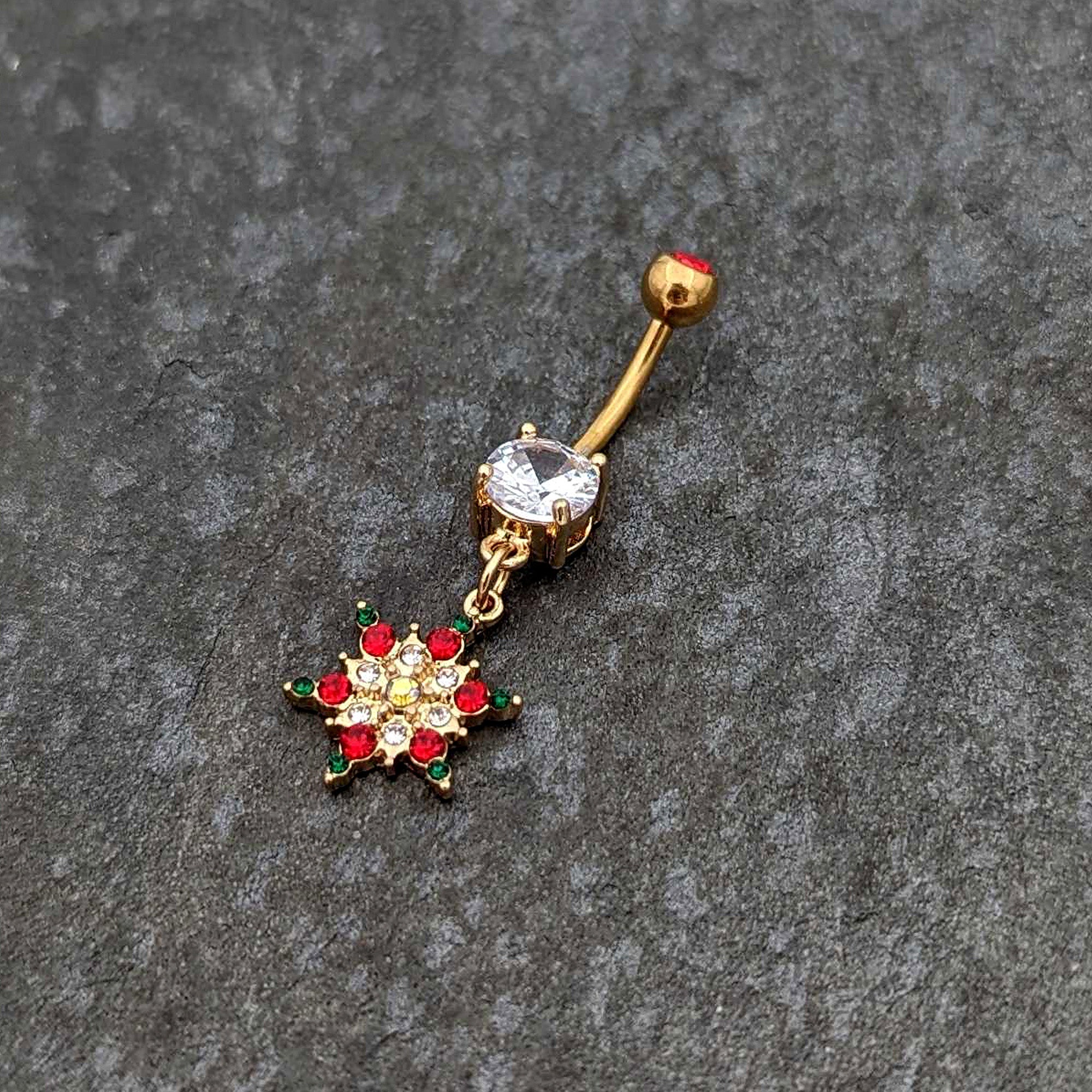 Aurora Red Green Gem Gold Tone Christmas Star Holiday Dangle Belly Ring