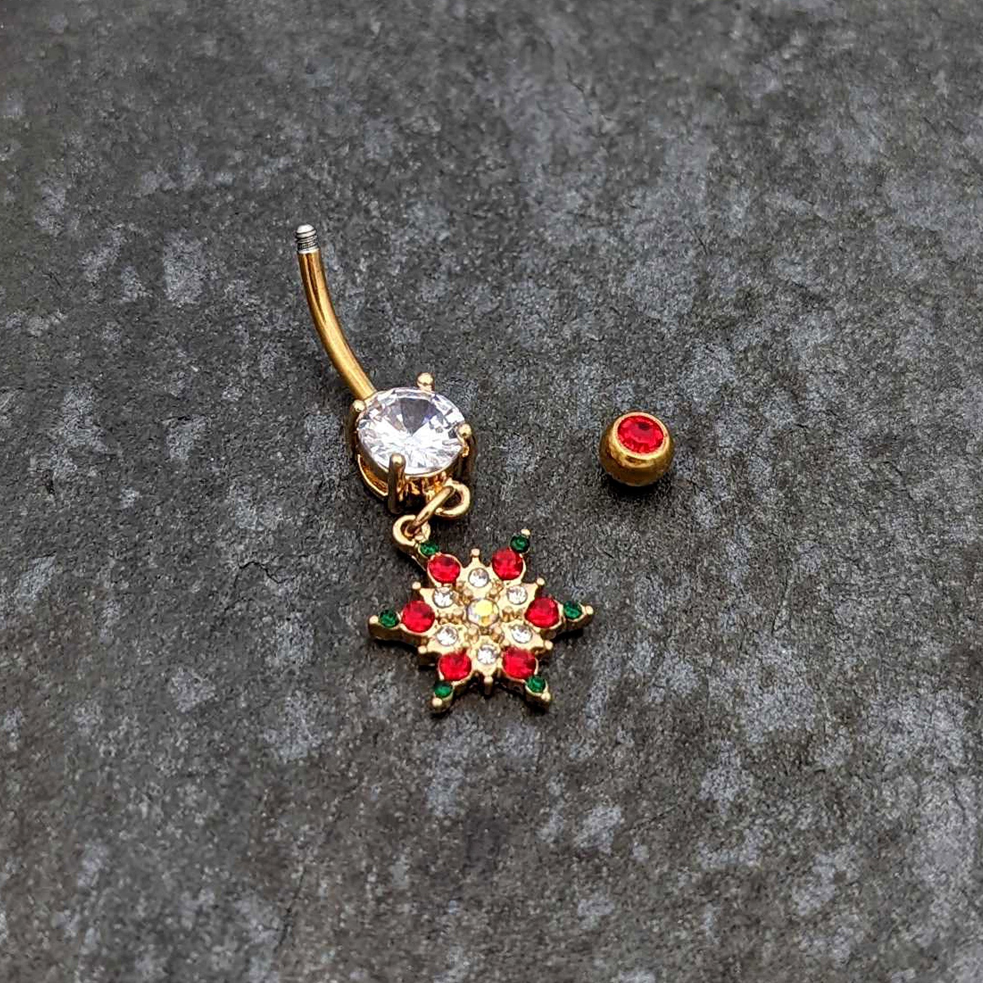 Aurora Red Green Gem Gold Tone Christmas Star Holiday Dangle Belly Ring