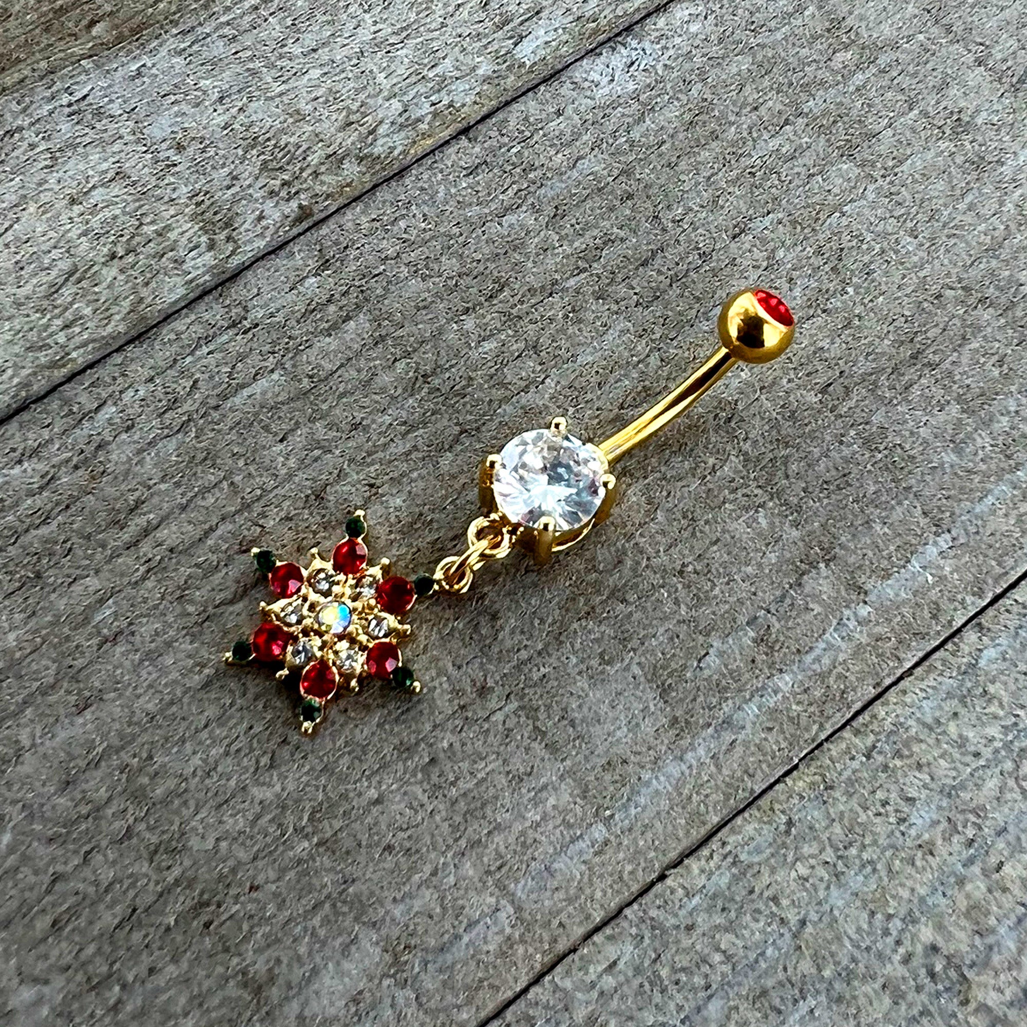 Aurora Red Green Gem Gold Tone Christmas Star Holiday Dangle Belly Ring