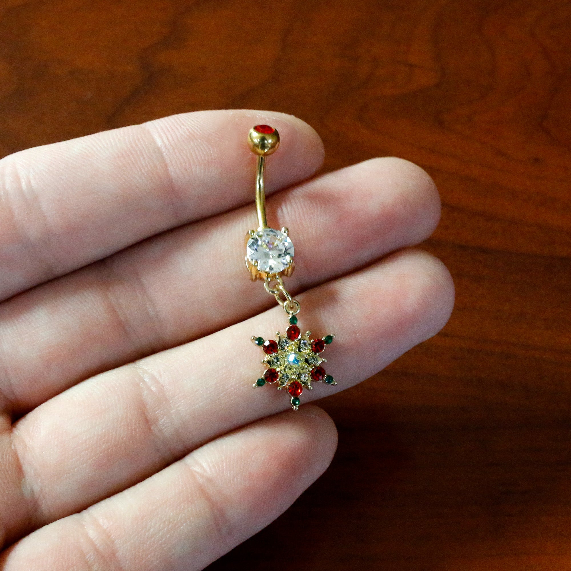 Aurora Red Green Gem Gold Tone Christmas Star Holiday Dangle Belly Ring