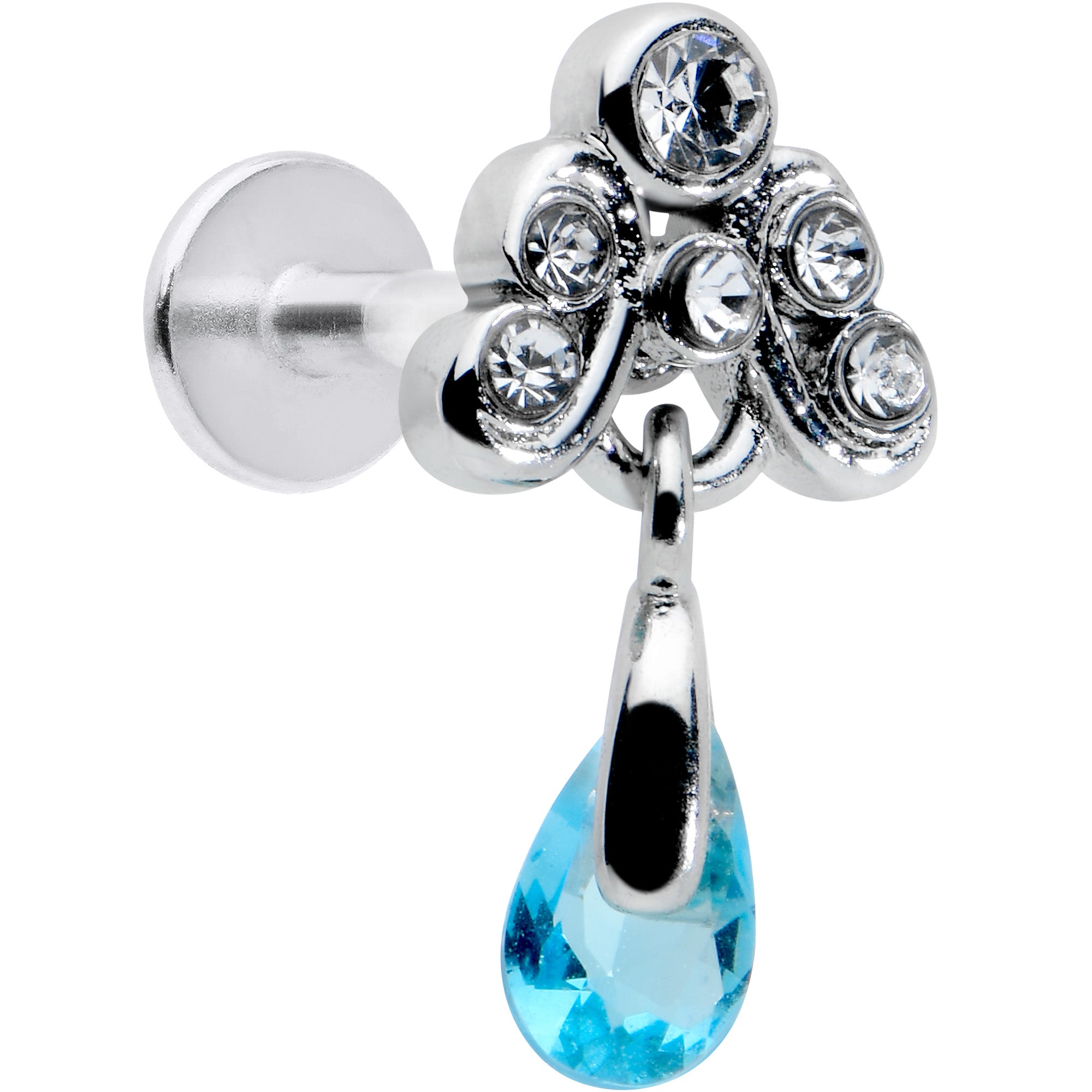 16 Gauge 1/4 Clear Blue Gem Scrolling Elegance Dangle Labret Tragus