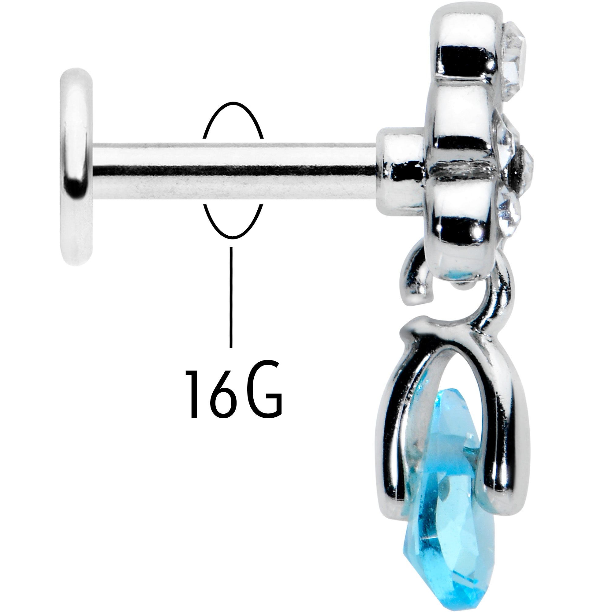 16 Gauge 1/4 Clear Blue Gem Scrolling Elegance Dangle Labret Tragus