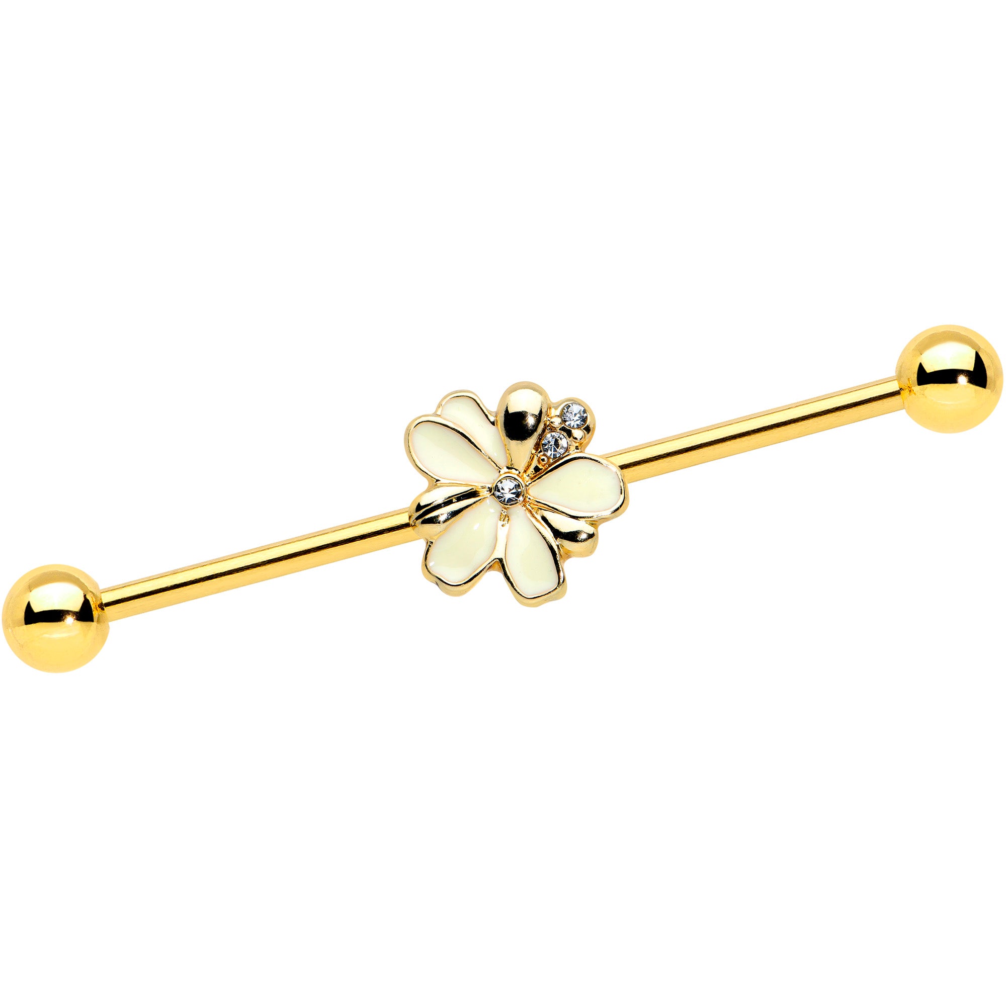 14 Gauge Clear Gem Gold Tone Feed Bee Flower Industrial Barbell 38mm