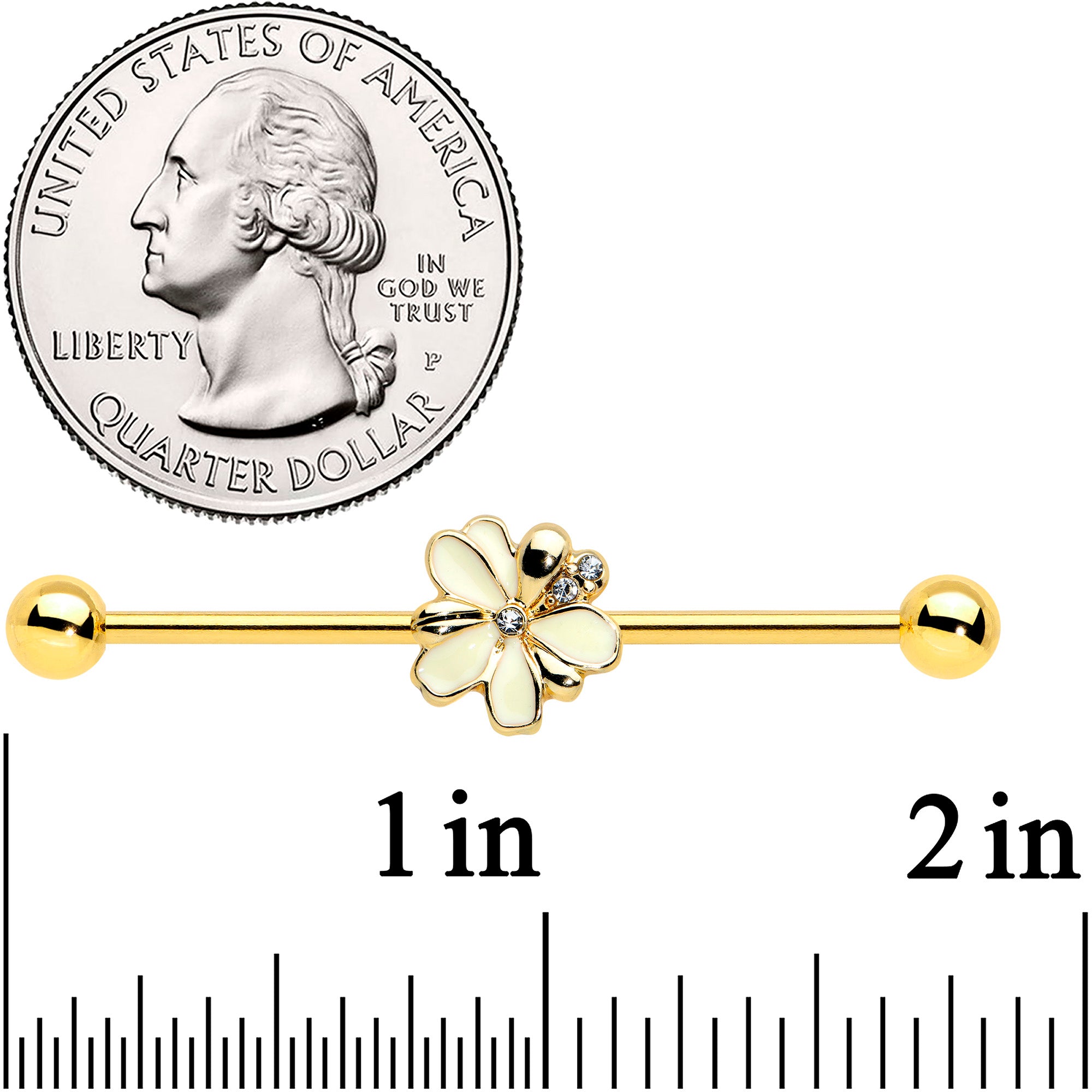 14 Gauge Clear Gem Gold Tone Feed Bee Flower Industrial Barbell 38mm