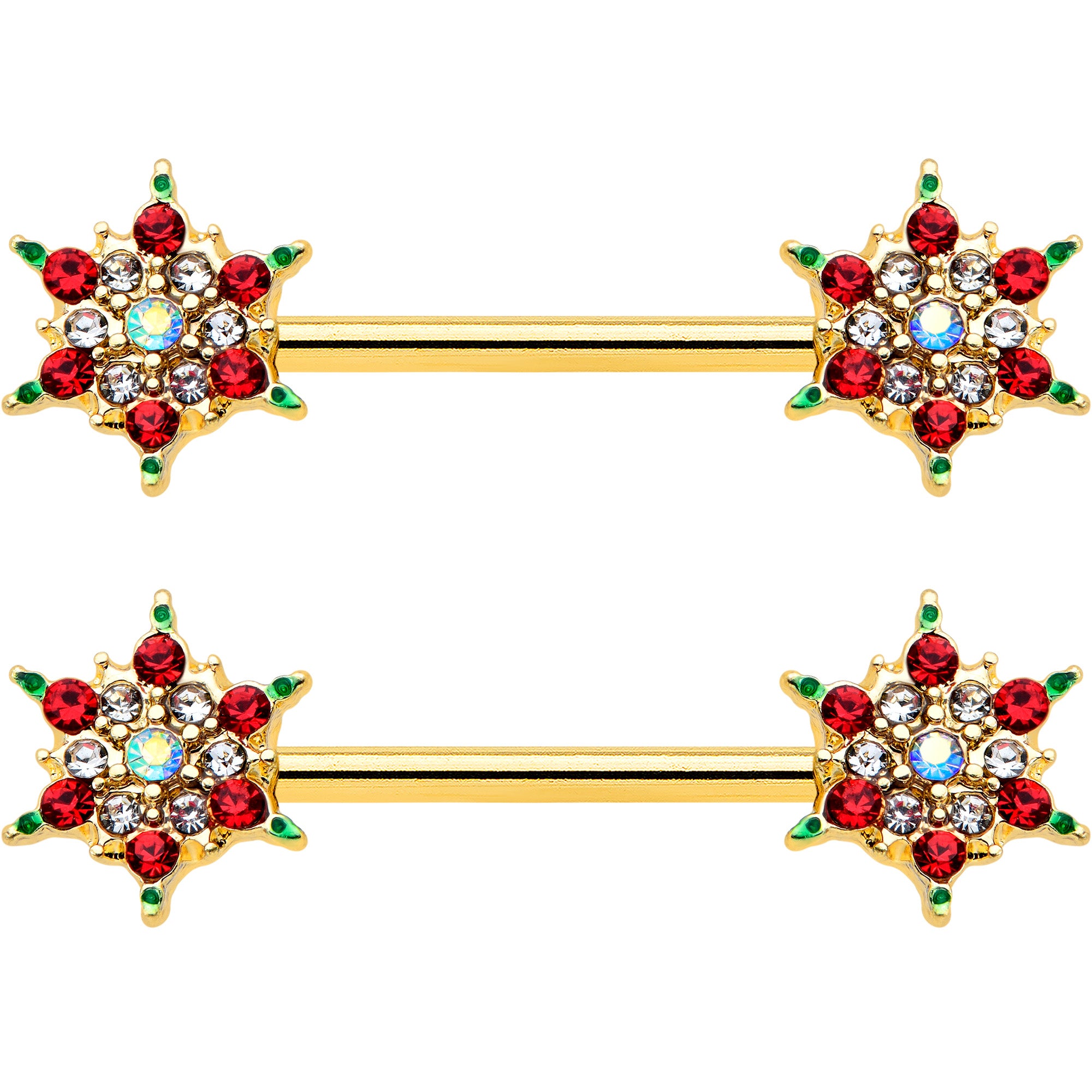 14 Gauge 9/16 Red Gem Gold Hue Bright Christmas Barbell Nipple Ring Set