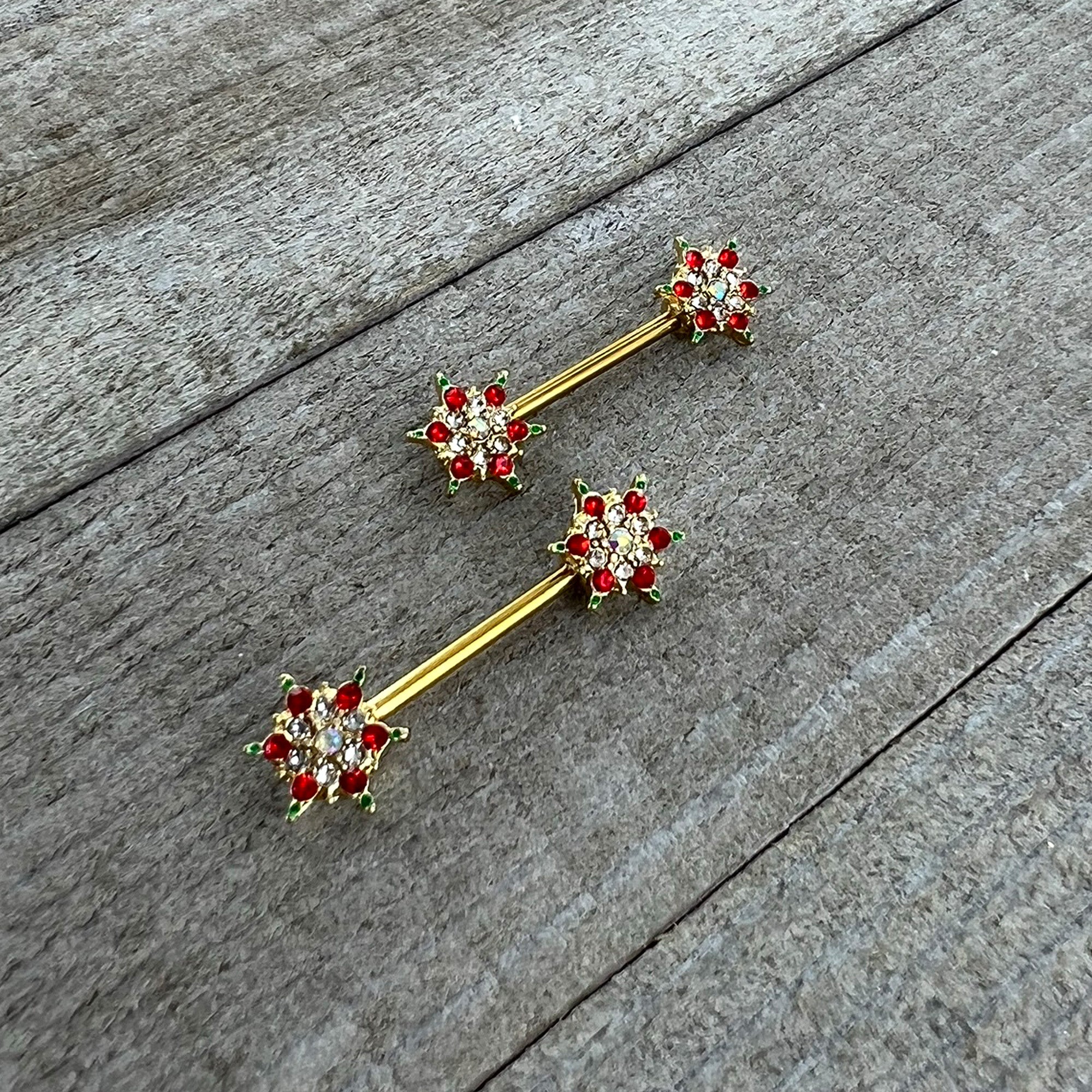 14 Gauge 9/16 Red Gem Gold Hue Bright Christmas Barbell Nipple Ring Set