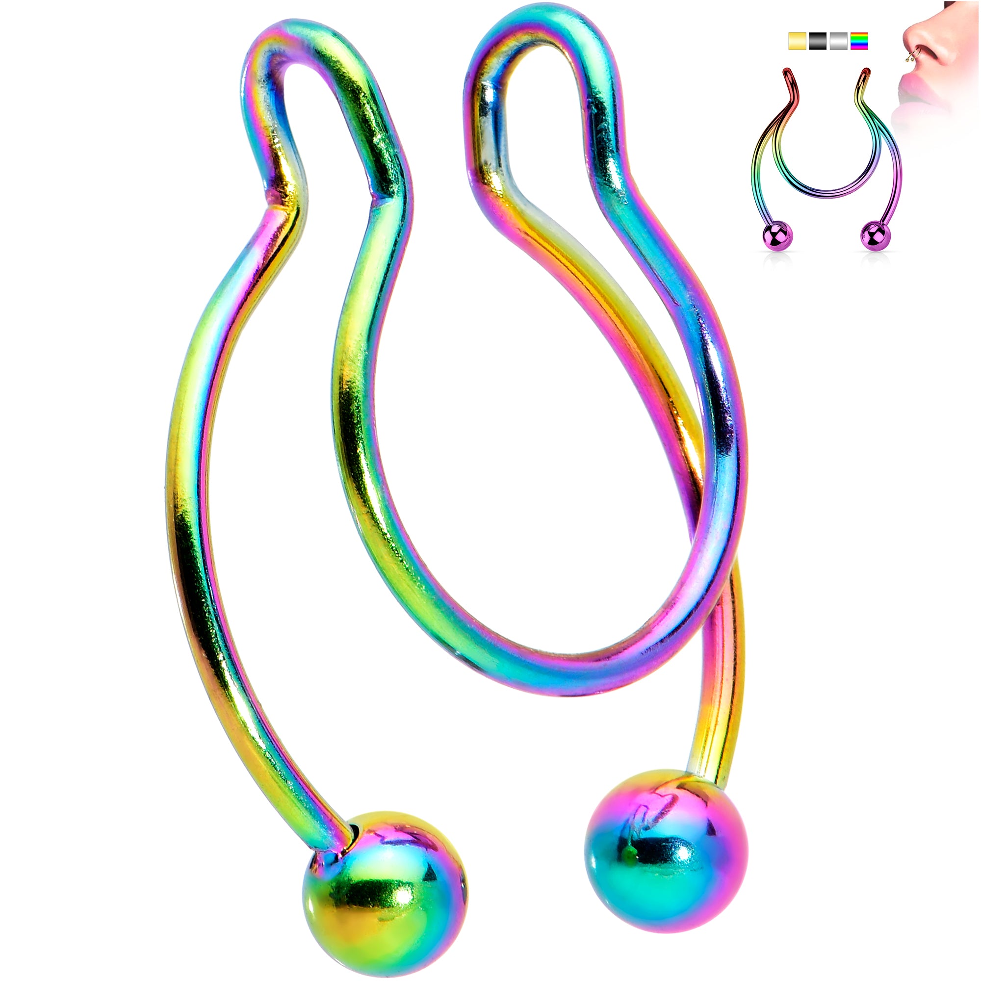 Rainbow Horseshoe Ball Fake Septum Ring Nipple and Clip on Earring