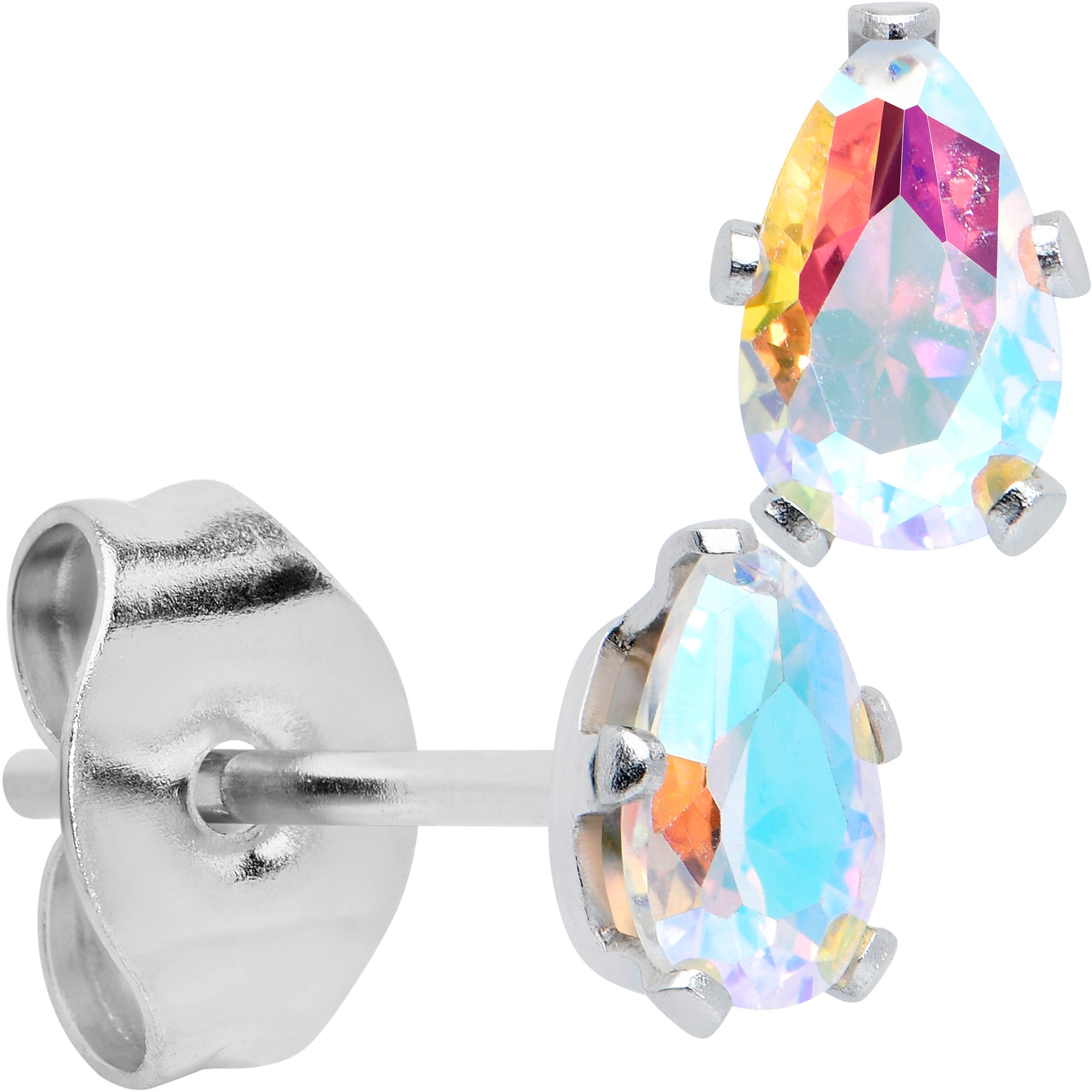 CZ Teardrop Aurora Stainless Steel Stud Earrings 3mm to 7mm