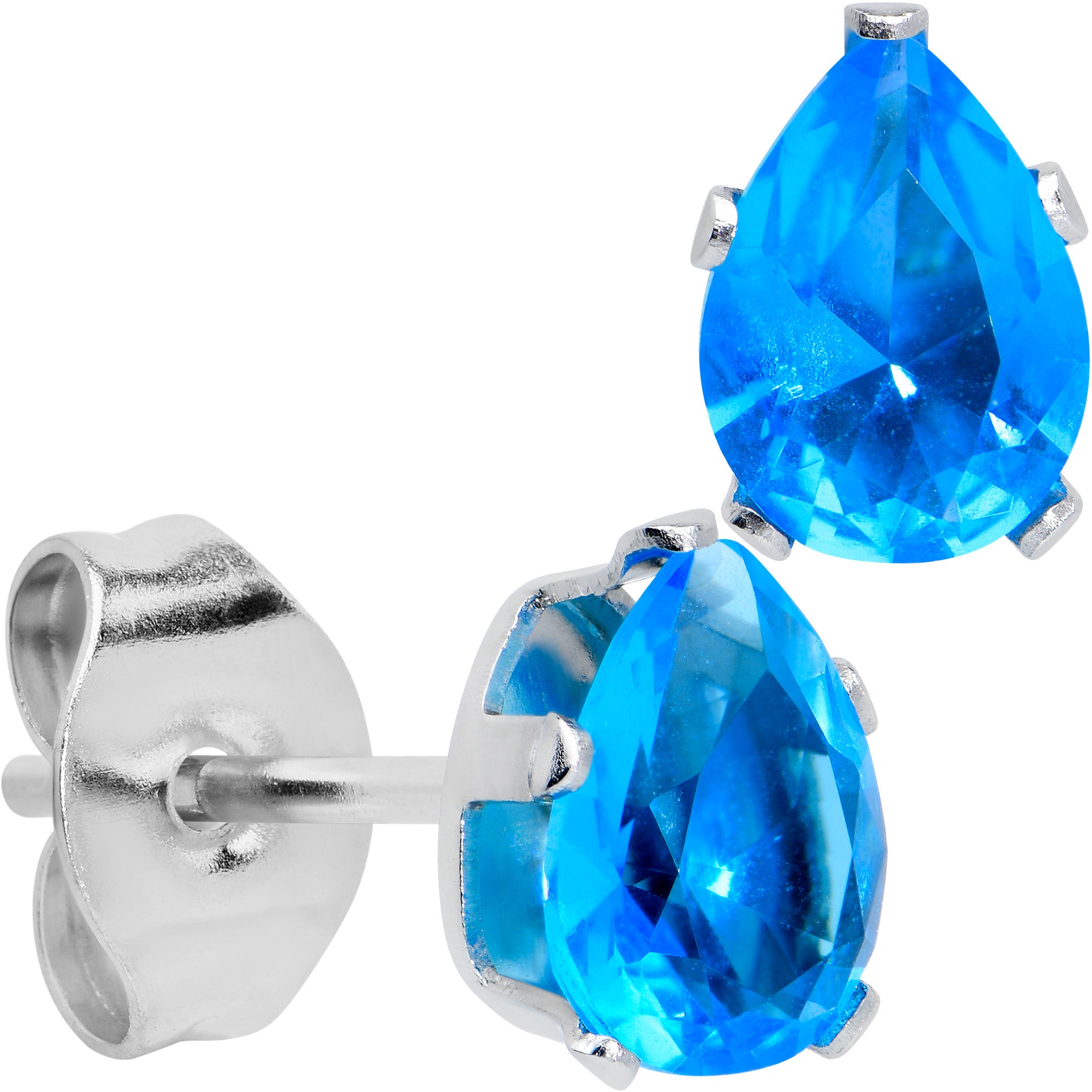 CZ Teardrop Aqua Stainless Steel Stud Earrings 3mm to 7mm