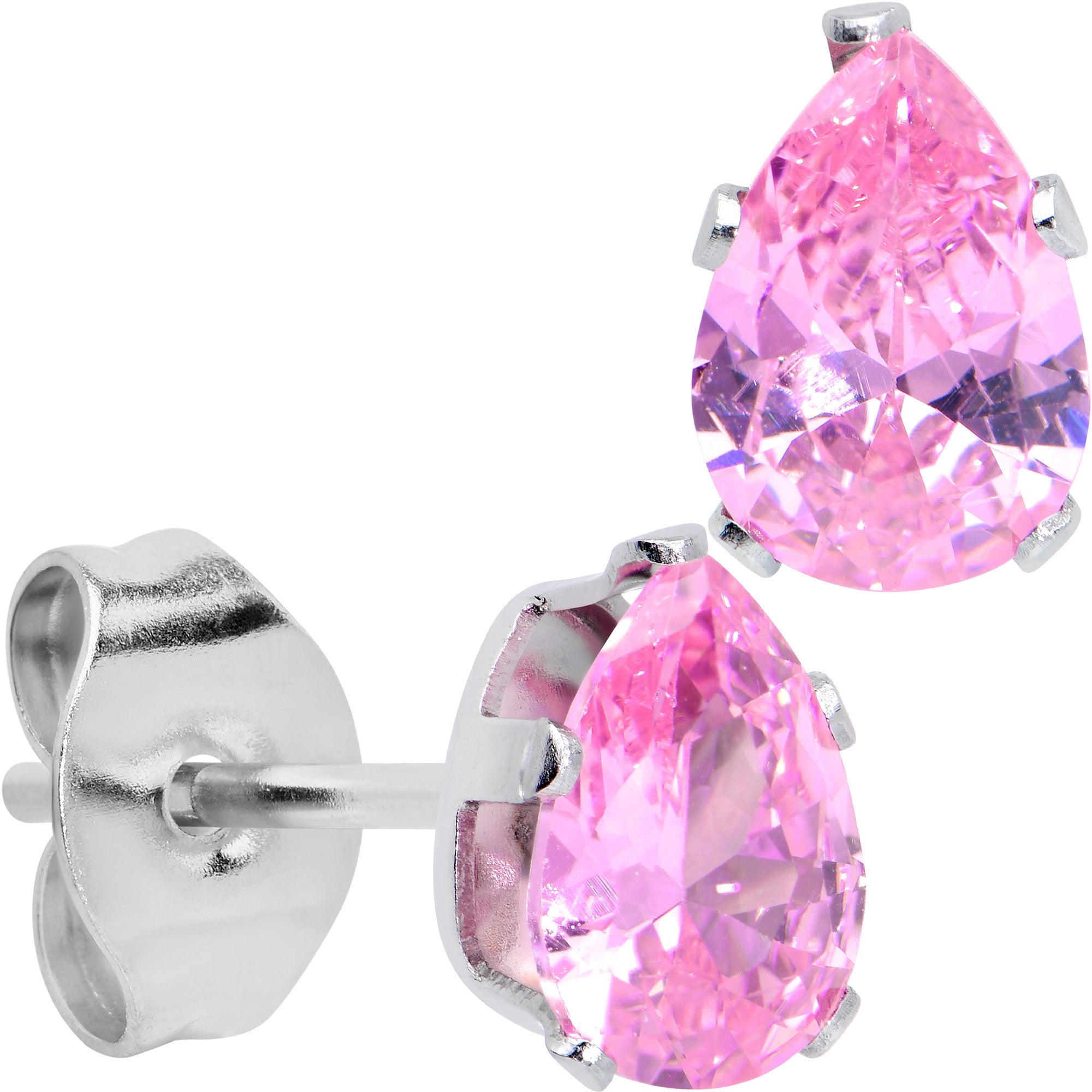 CZ Teardrop Pink Stainless Steel Stud Earrings 3mm to 7mm