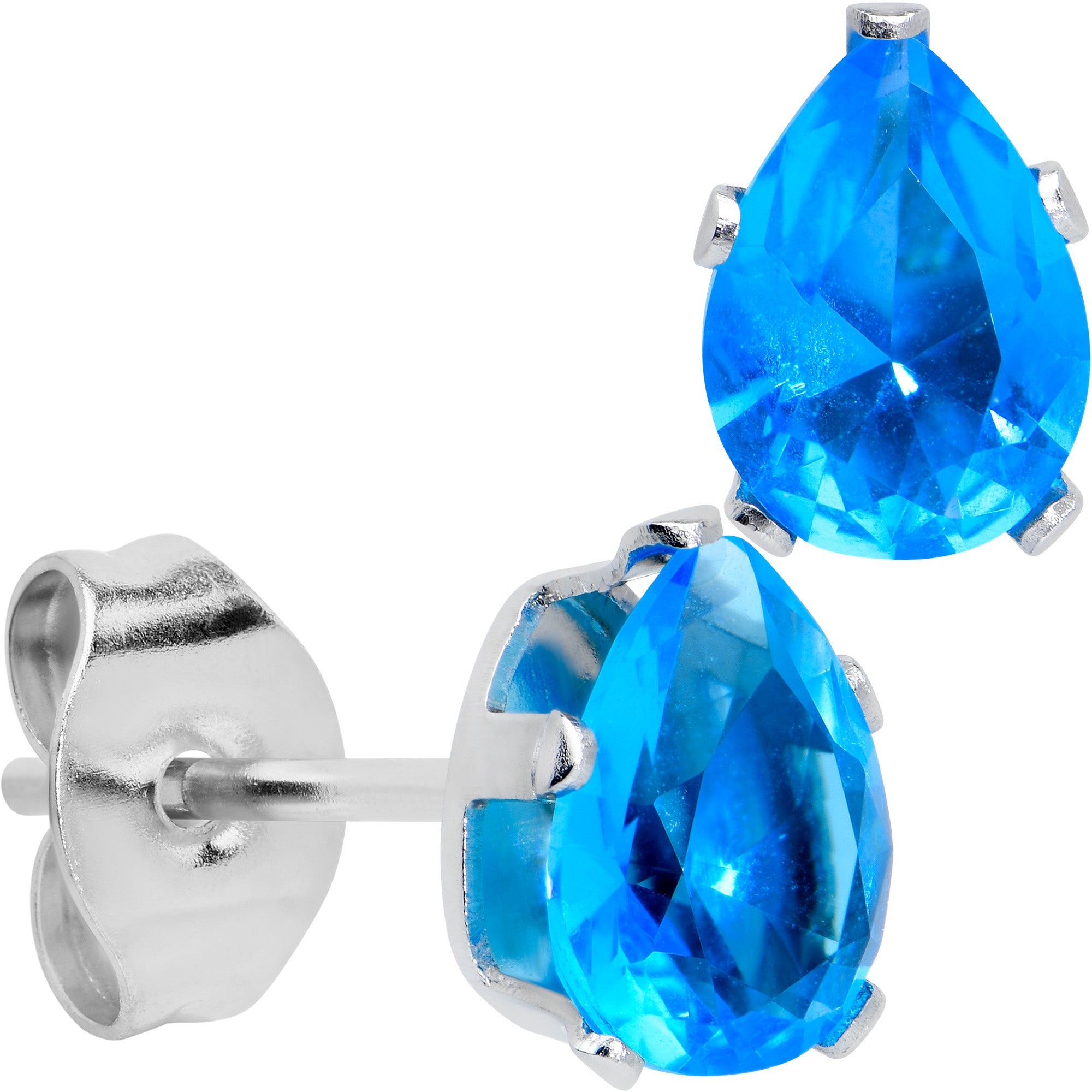 CZ Teardrop Aqua Stainless Steel Stud Earrings 3mm to 7mm