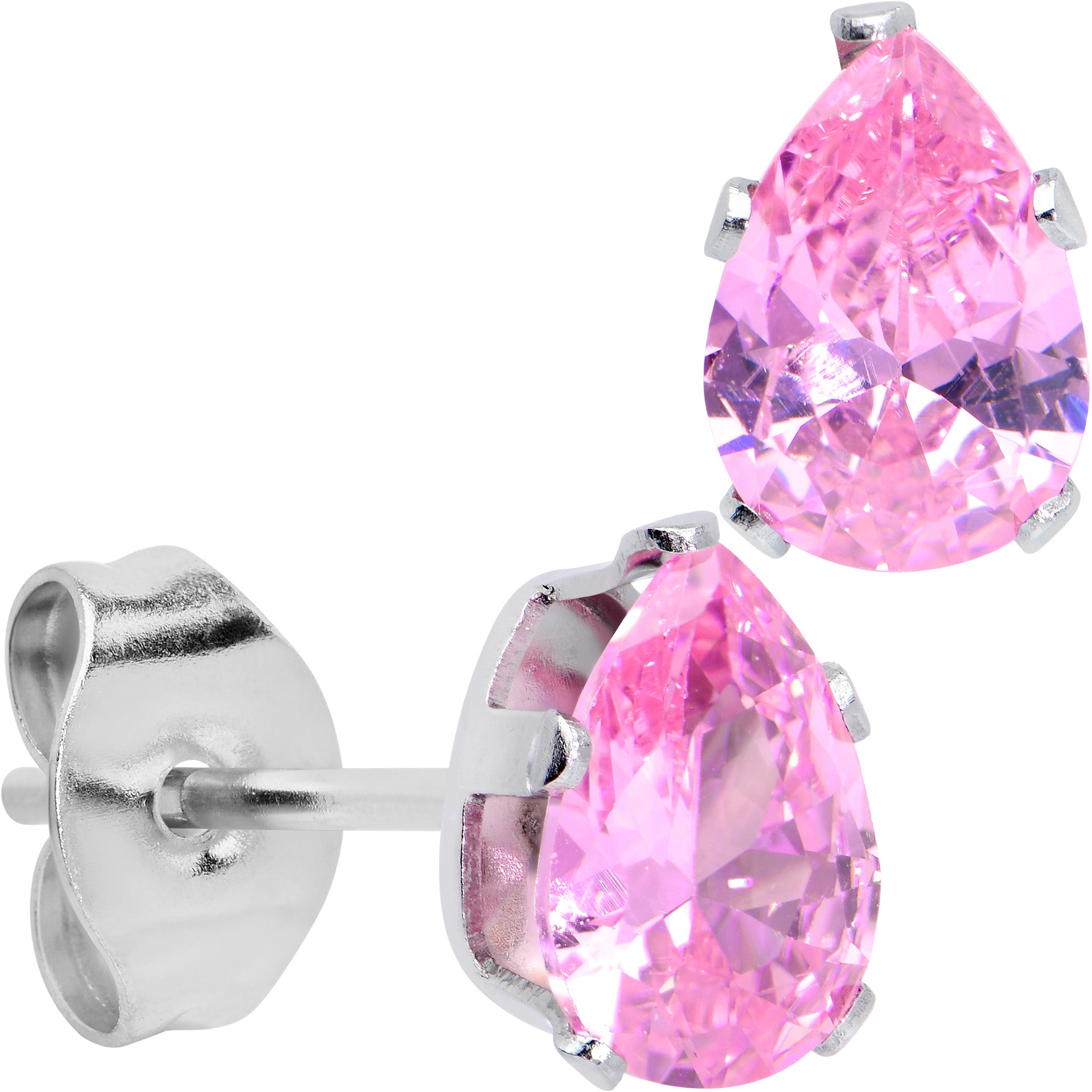 CZ Teardrop Pink Stainless Steel Stud Earrings 3mm to 7mm