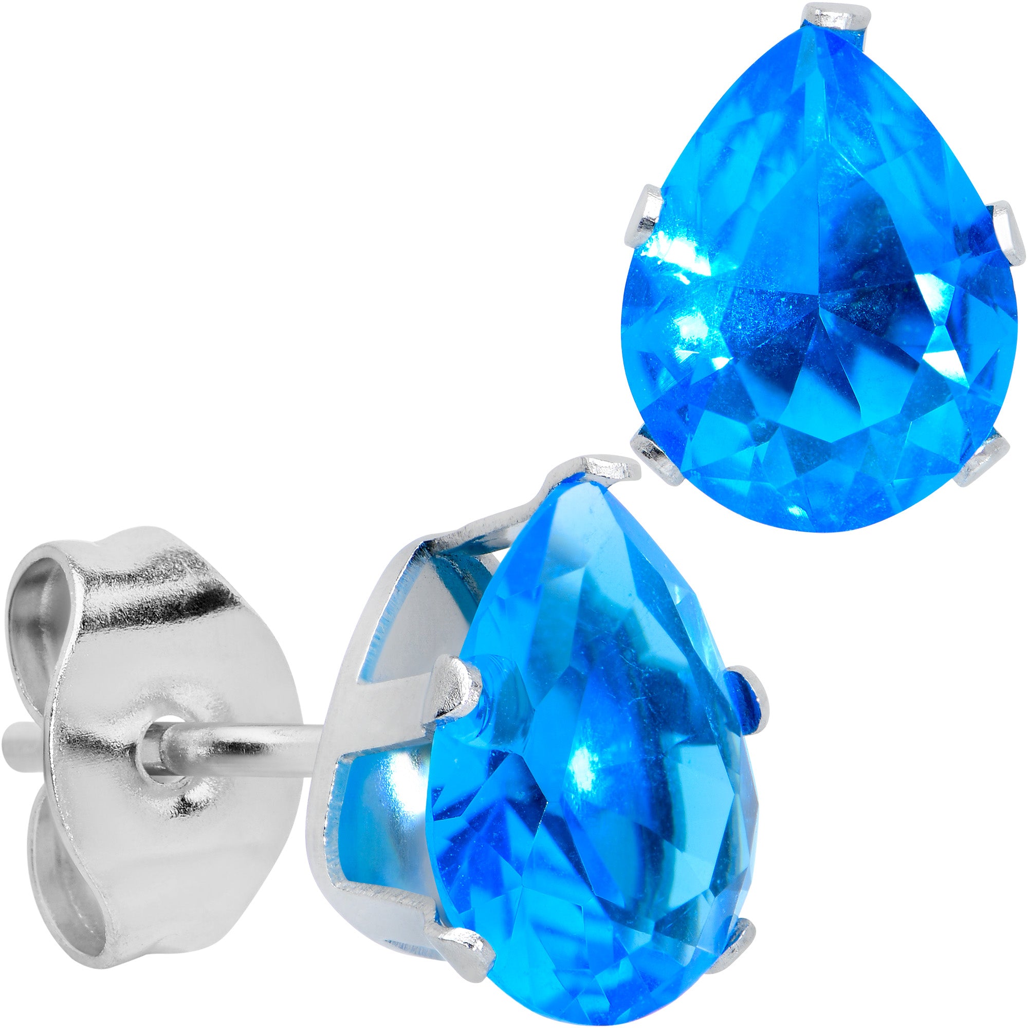 CZ Teardrop Aqua Stainless Steel Stud Earrings 3mm to 7mm