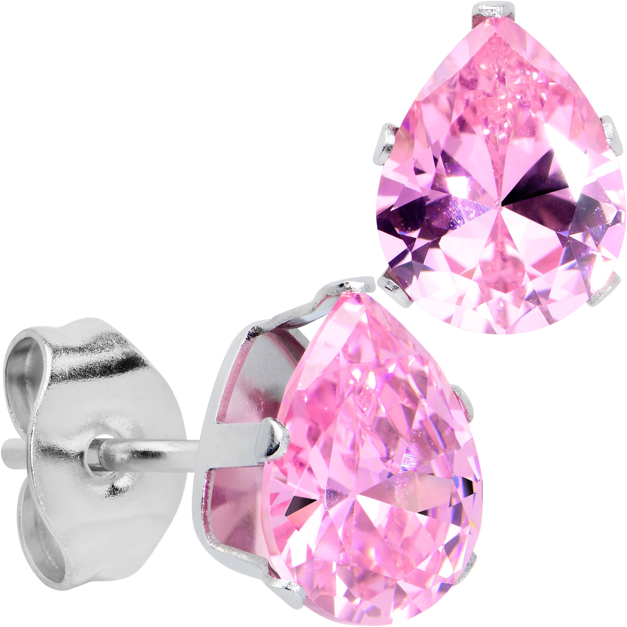 CZ Teardrop Pink Stainless Steel Stud Earrings 3mm to 7mm