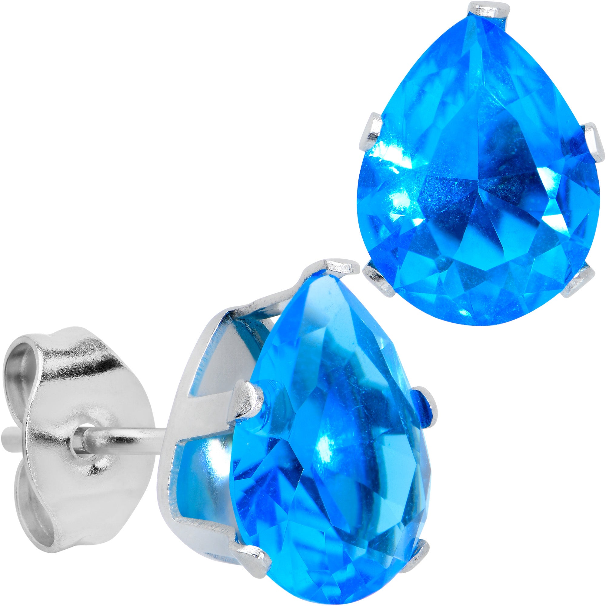 CZ Teardrop Aqua Stainless Steel Stud Earrings 3mm to 7mm