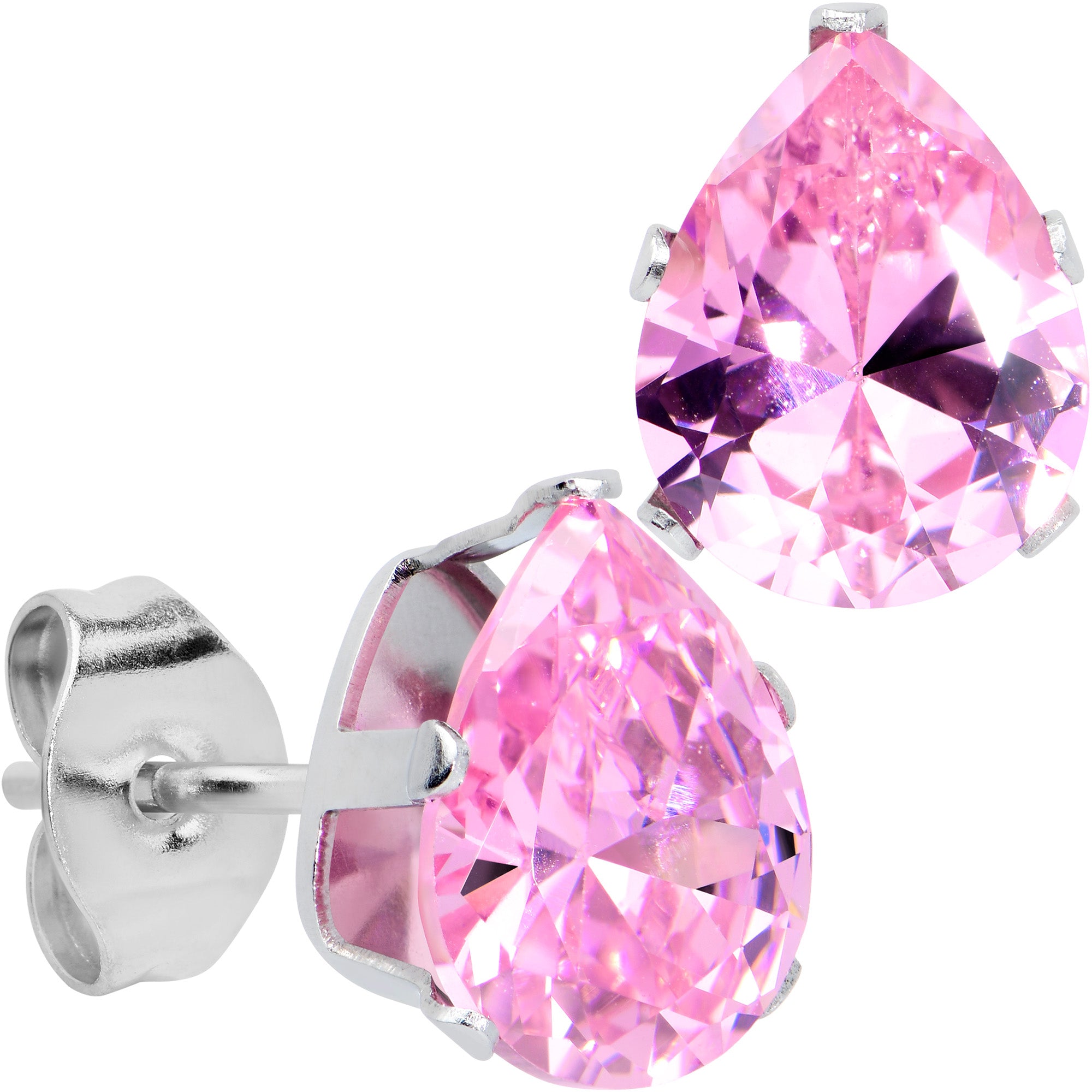 CZ Teardrop Pink Stainless Steel Stud Earrings 3mm to 7mm