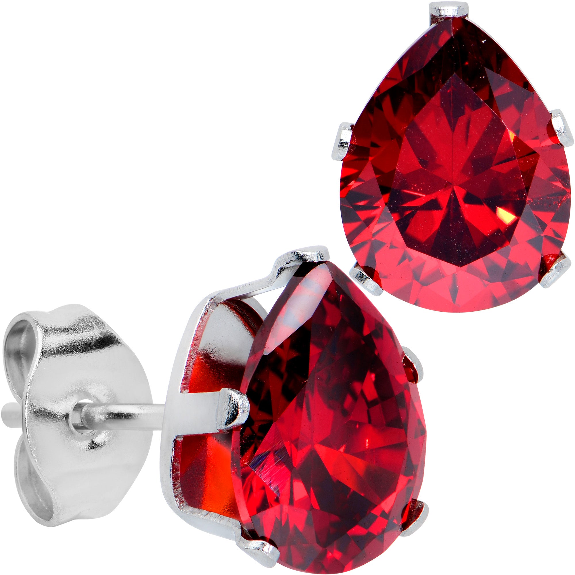 Red CZ Teardrop Stainless Steel Stud Earrings 3mm to 7mm