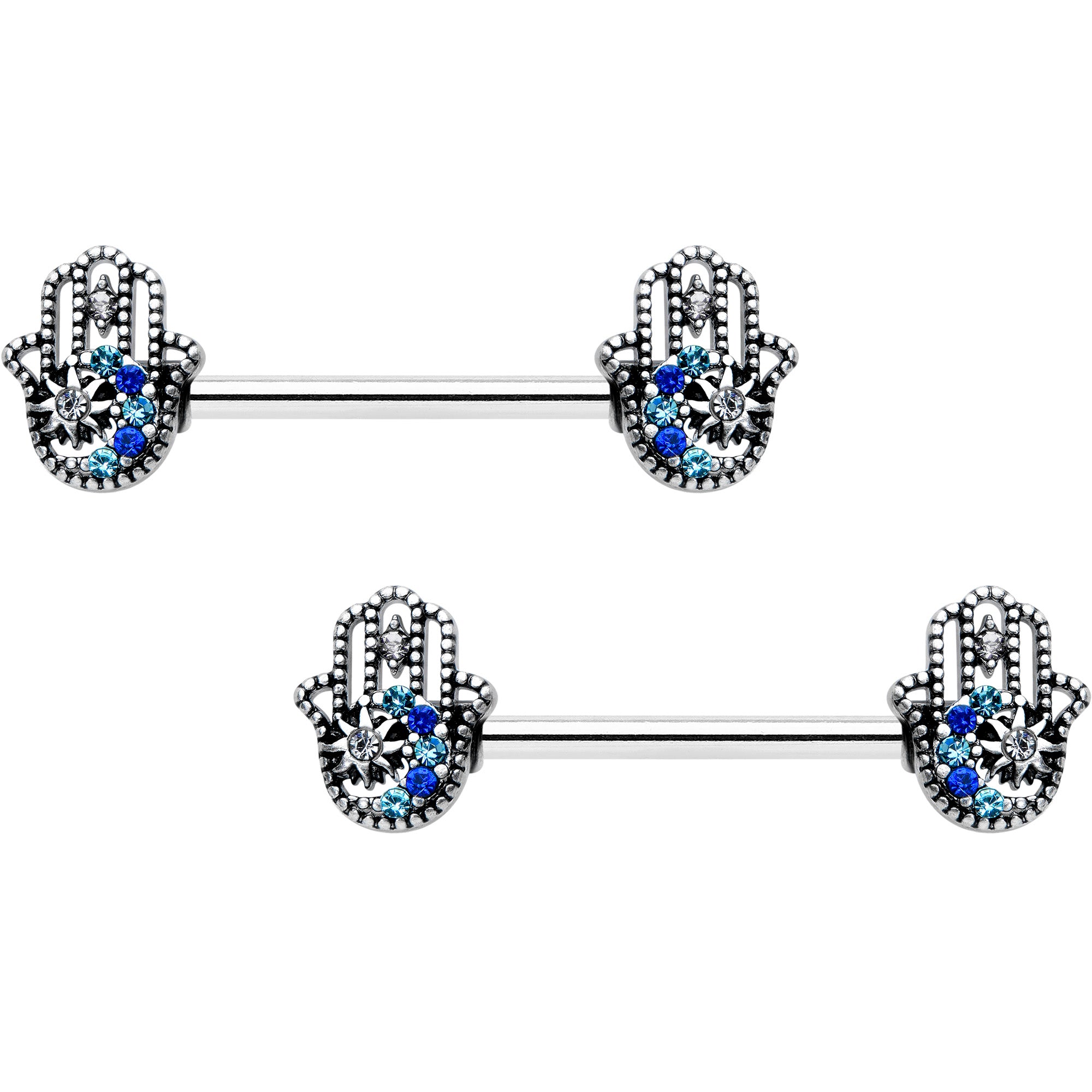 14 Gauge 9/16 Clear Blue Gem Textured Hamsa Hand Nipple Ring Set