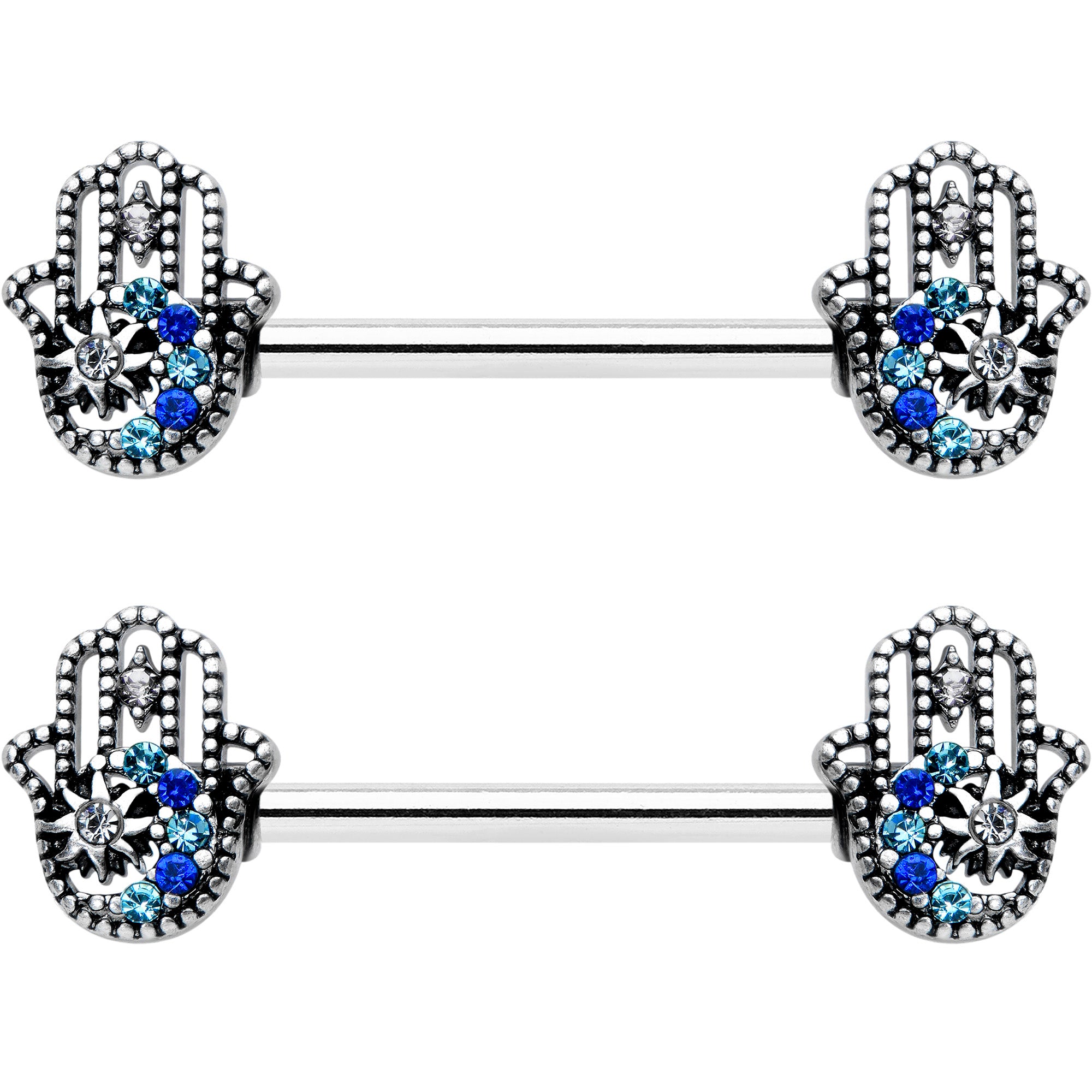 14 Gauge 9/16 Clear Blue Gem Textured Hamsa Hand Nipple Ring Set