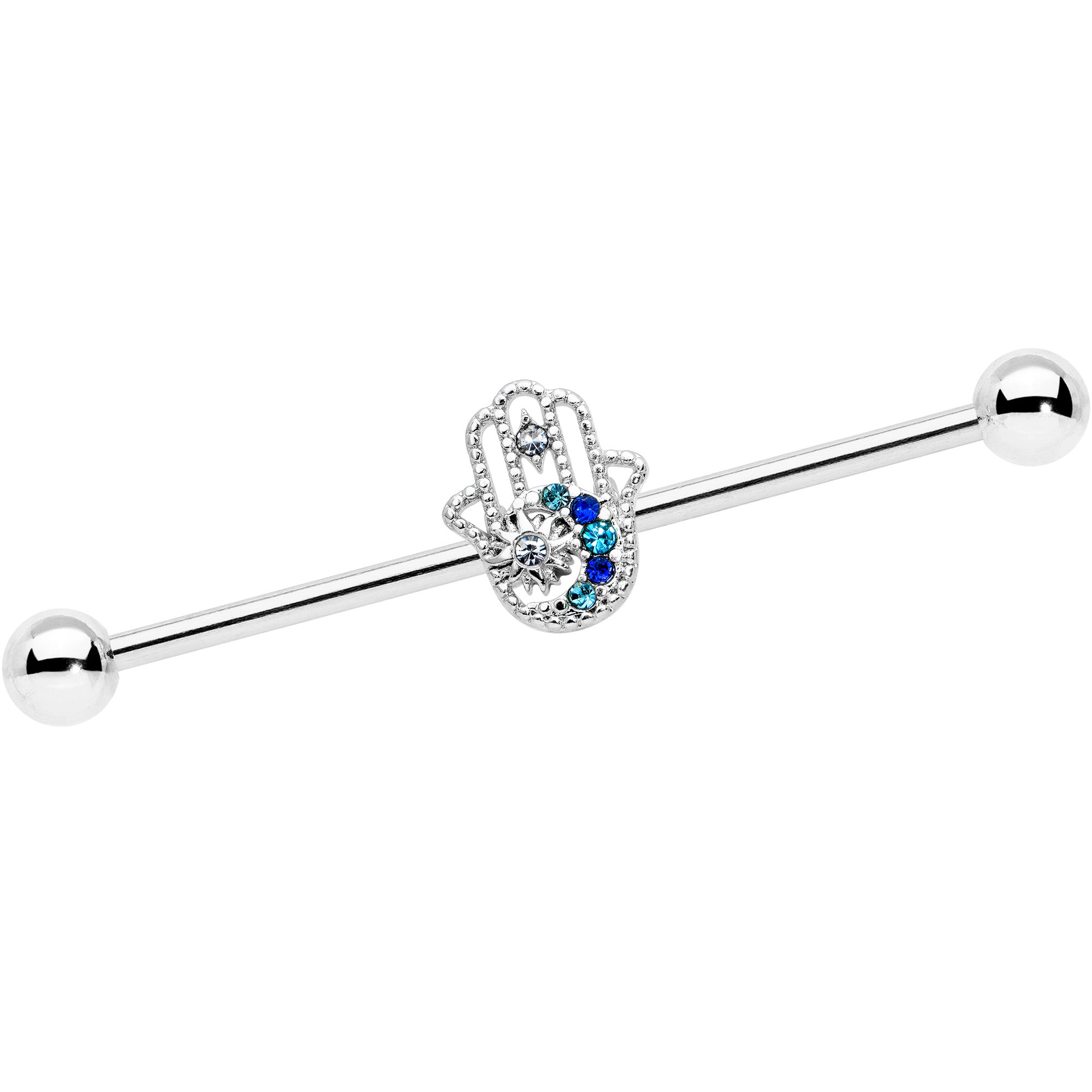 14 Gauge Clear Blue Gem Textured Hamsa Hand Industrial Barbell 38mm