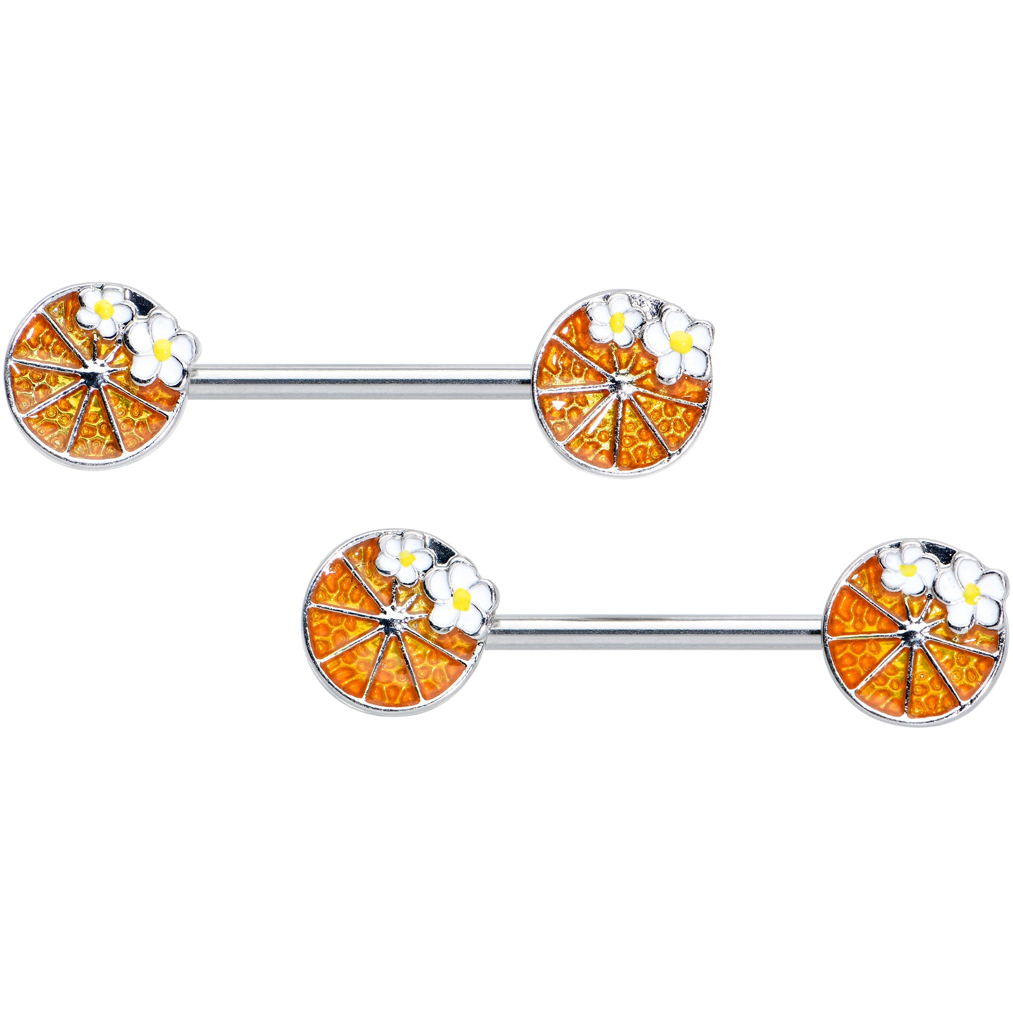 14 Gauge 9/16 Sweet Orange Fruit Flower Barbell Nipple Ring Set